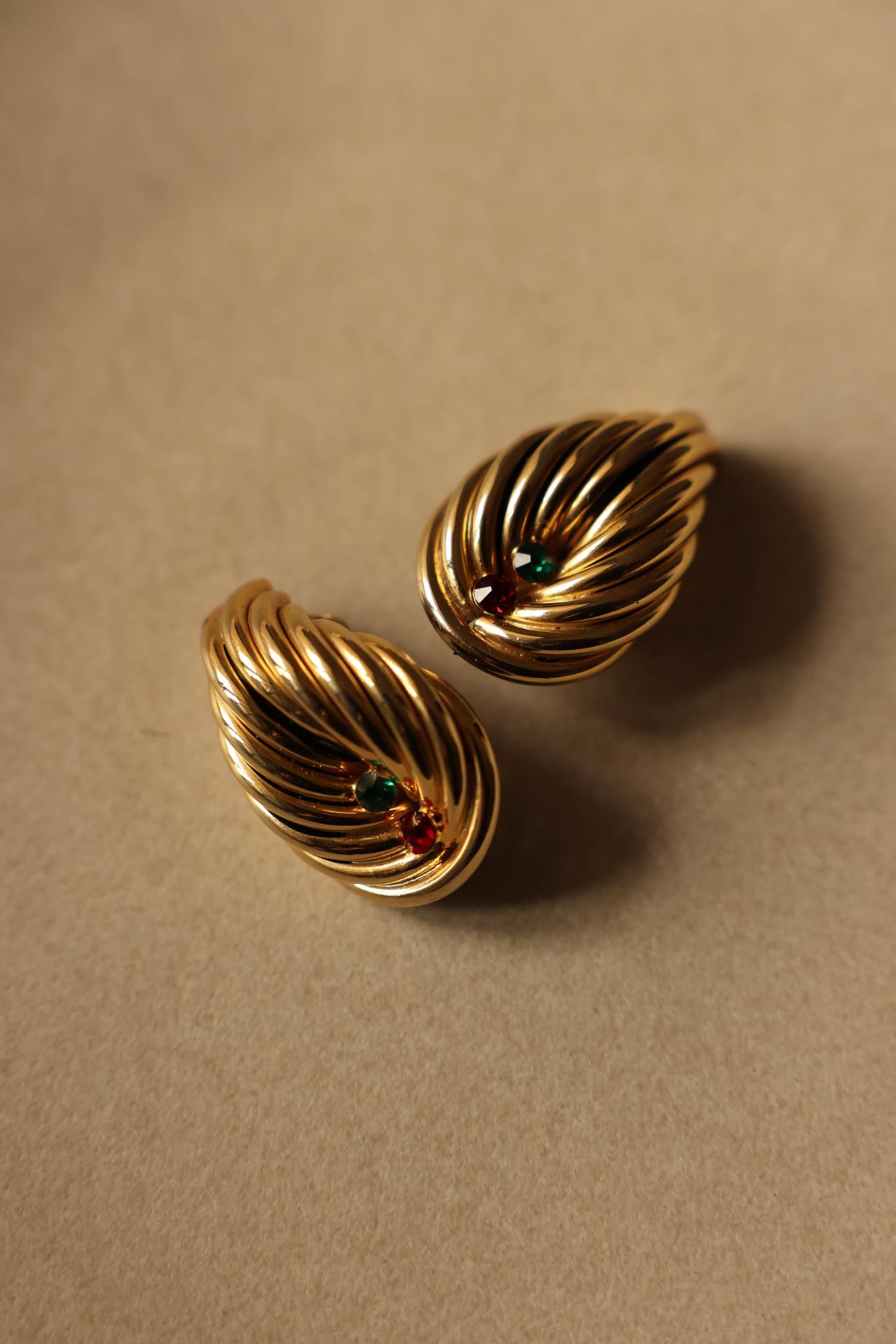 Gold-Tone Clip-On Earrings with Green & Red Accents|Vintage Baazaar 