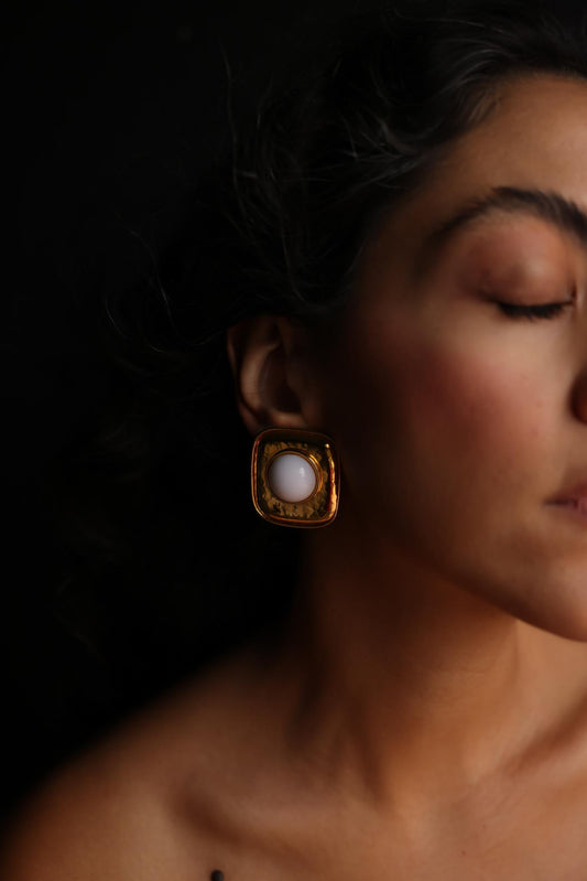 Gold-Tone Hammered Square Clip-On Earrings with White Cabochons – 1980s
