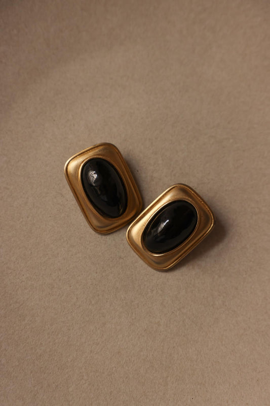 Les Bernard Matte Gold Clip-On Earrings with Dark Brown Cabochons – 1980s|Vintage Baazaar 