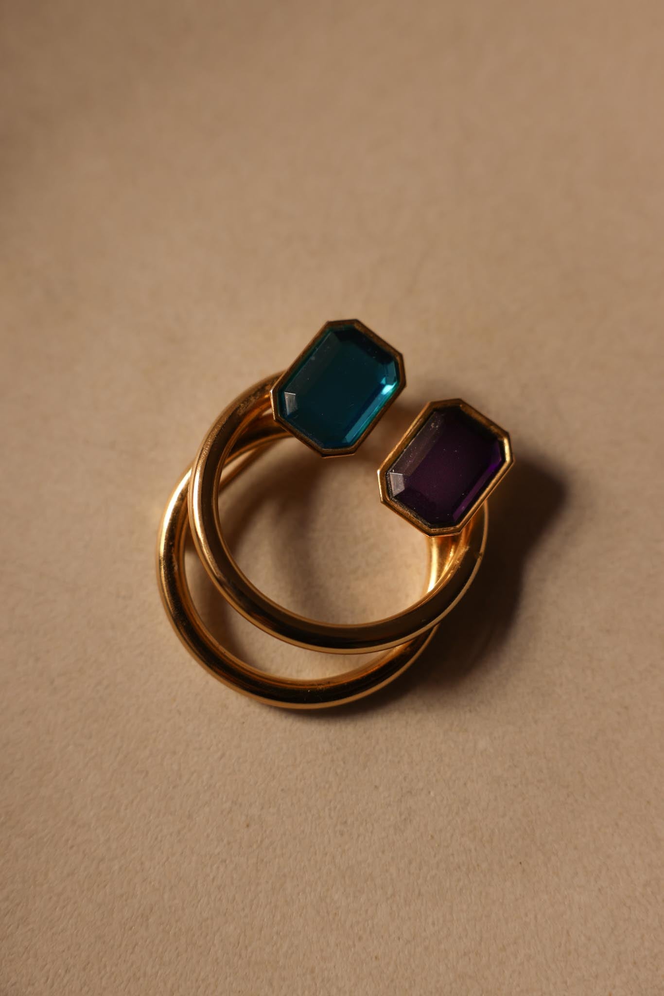 Gold-Tone Brooch with Purple and Blue Gems – 1980s