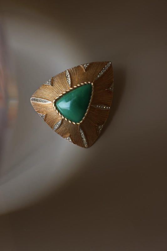 Green Cabochon Textured Gold-Tone Brooch