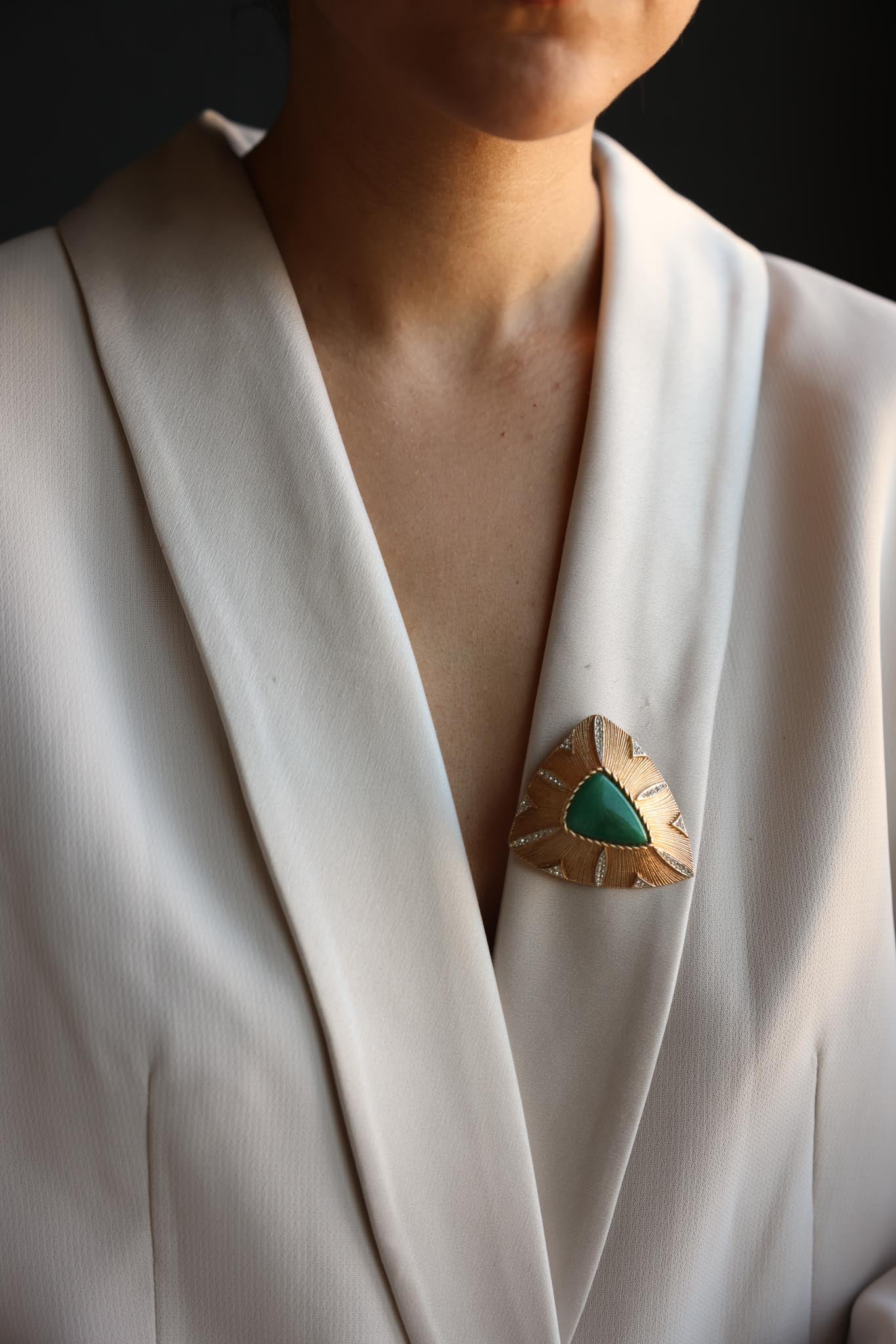 Green Cabochon Textured Gold-Tone Brooch
