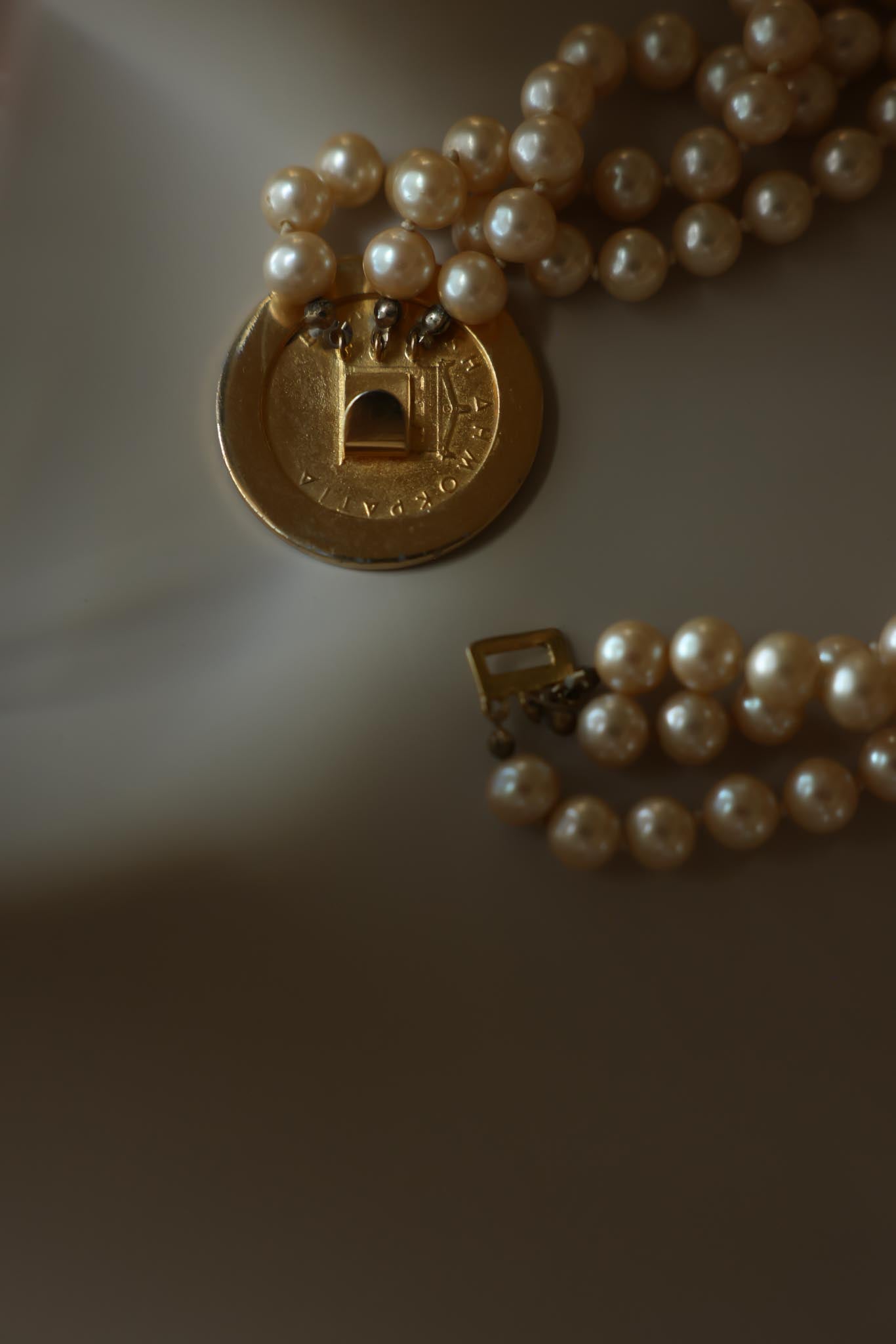 Vintage Triple Strand Faux Pearl Necklace with Greek Coin Medallion Clasp, Rhinestone Bezel, Statement Necklace|Vintage Baazaar 