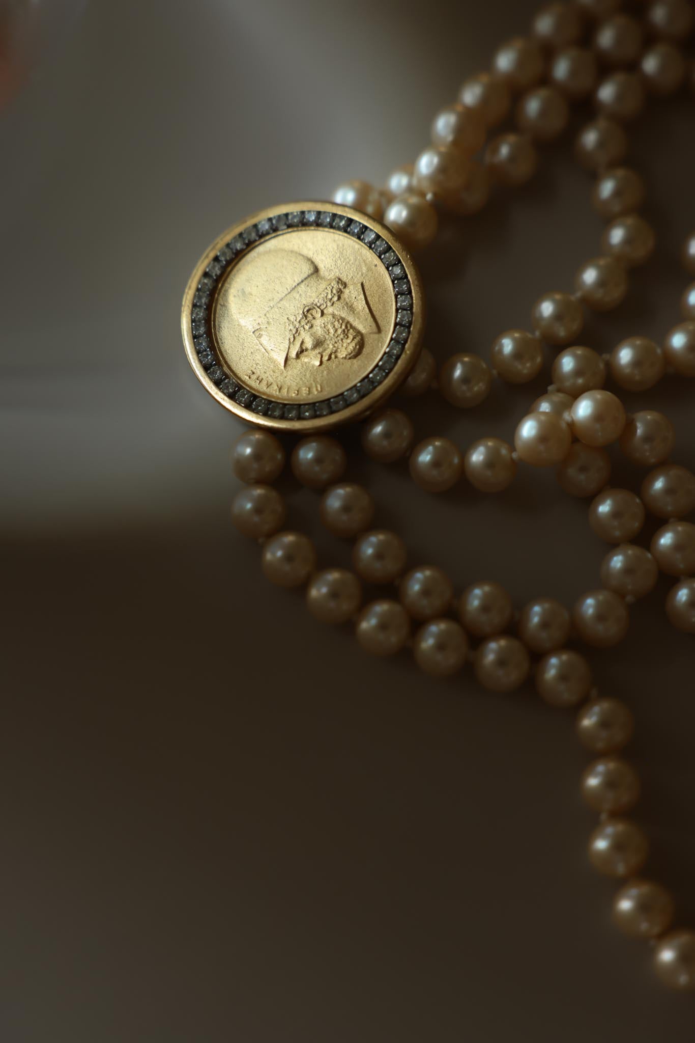 Vintage Triple Strand Faux Pearl Necklace with Greek Coin Medallion Clasp, Rhinestone Bezel, Statement Necklace|Vintage Baazaar 