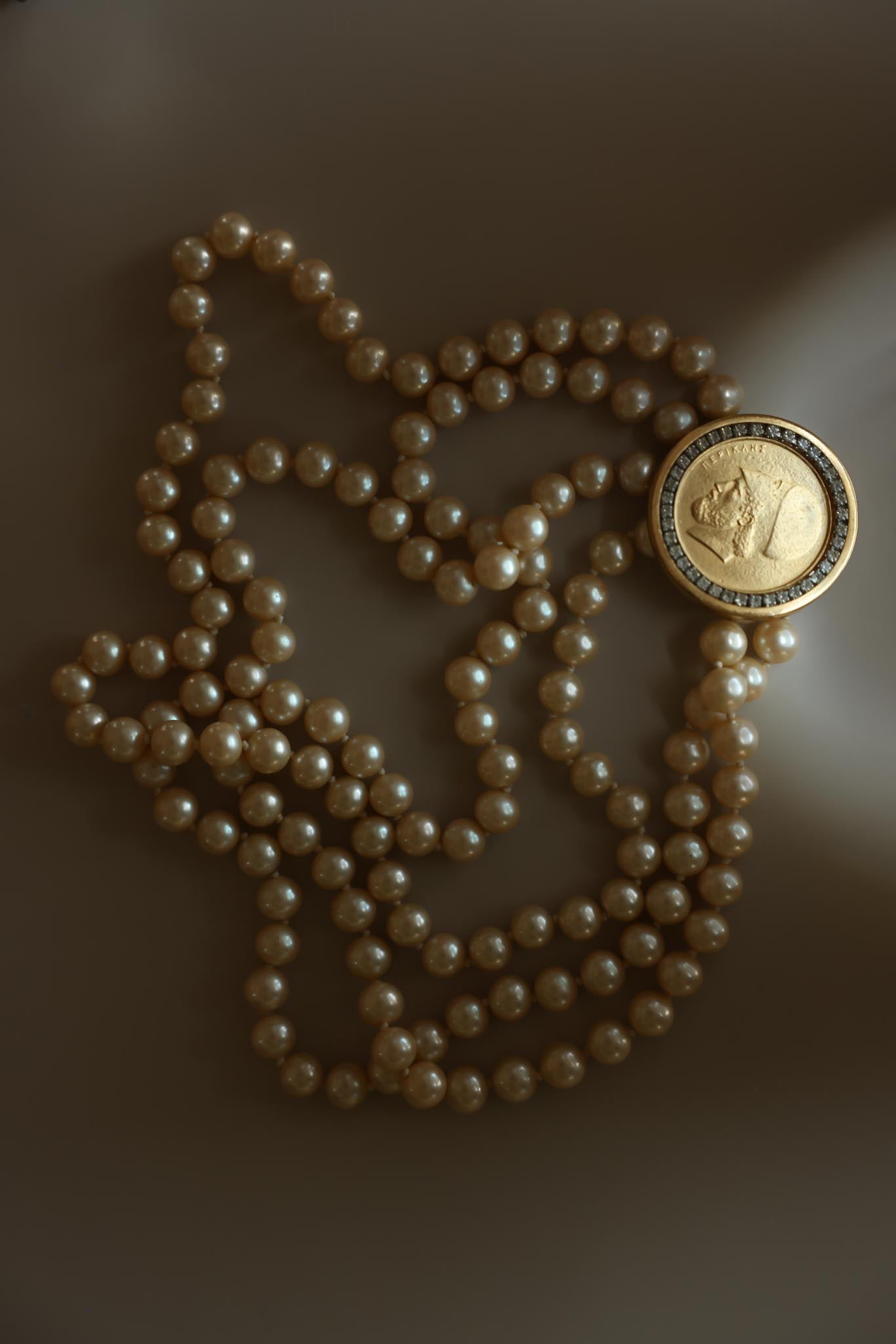 Vintage Triple Strand Faux Pearl Necklace with Greek Coin Medallion Clasp, Rhinestone Bezel, Statement Necklace|Vintage Baazaar 