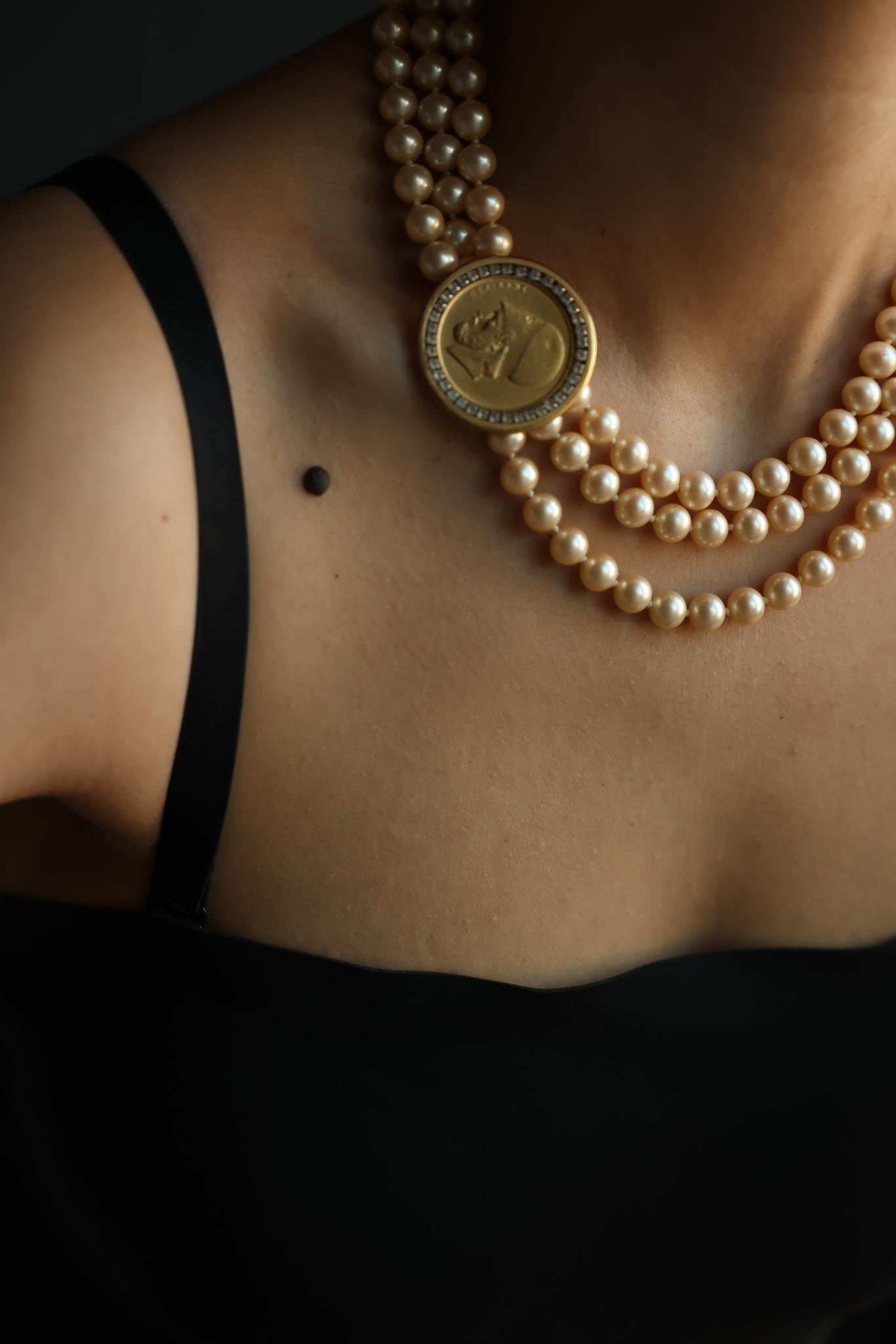 Vintage Triple Strand Faux Pearl Necklace with Greek Coin Medallion Clasp, Rhinestone Bezel, Statement Necklace|Vintage Baazaar 