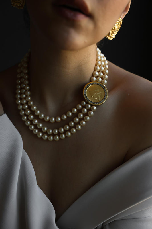 Vintage Triple Strand Faux Pearl Necklace with Greek Coin Medallion Clasp, Rhinestone Bezel, Statement Necklace|Vintage Baazaar 