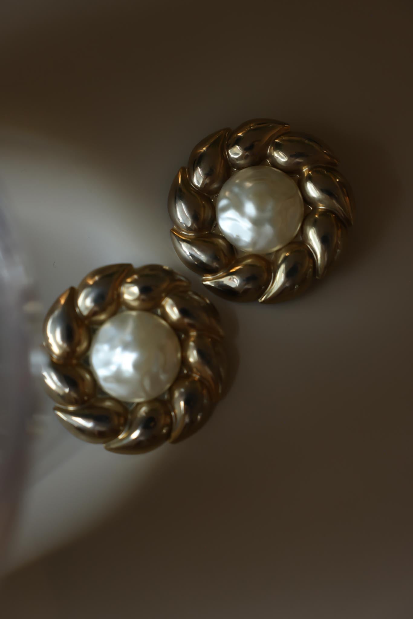 Vintage Oversized Gold Tone Faux Pearl Clip-On Earrings