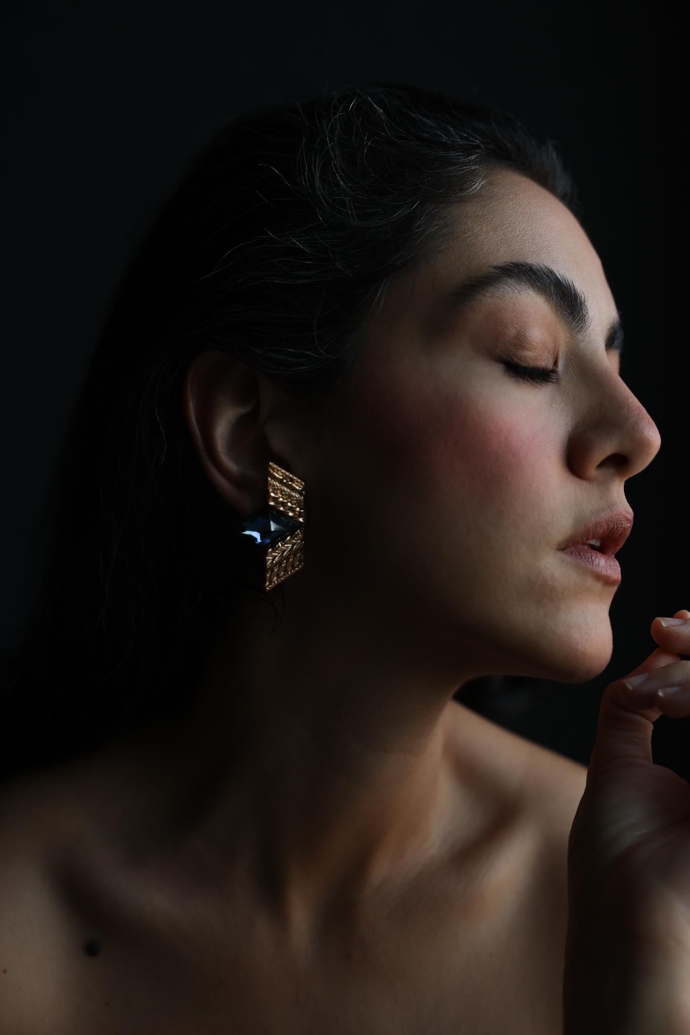 Blue Cabochon Geometric Clip-On Earrings