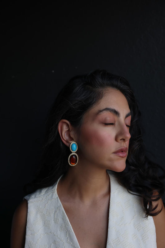 Gold-Tone Blue and Brown Cabochon Clip-On Earrings – 1980s