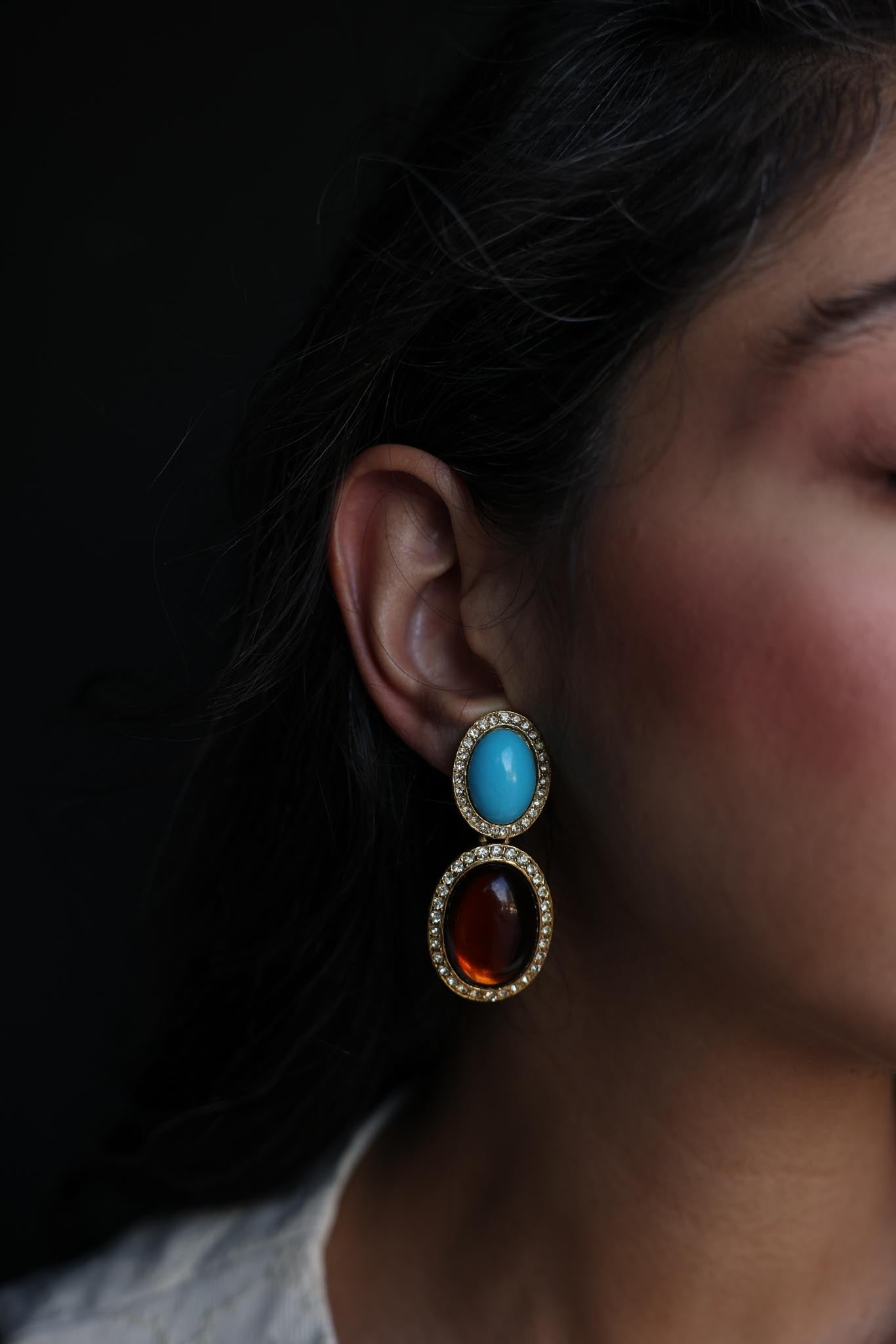 Gold-Tone Blue and Brown Cabochon Clip-On Earrings – 1980s