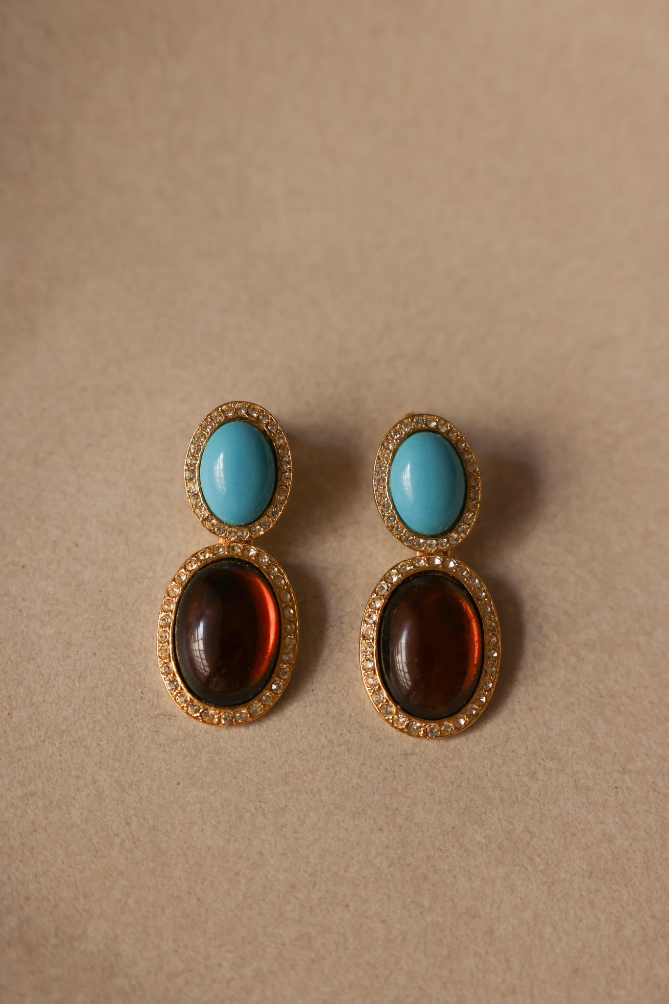 Gold-Tone Blue and Brown Cabochon Clip-On Earrings – 1980s