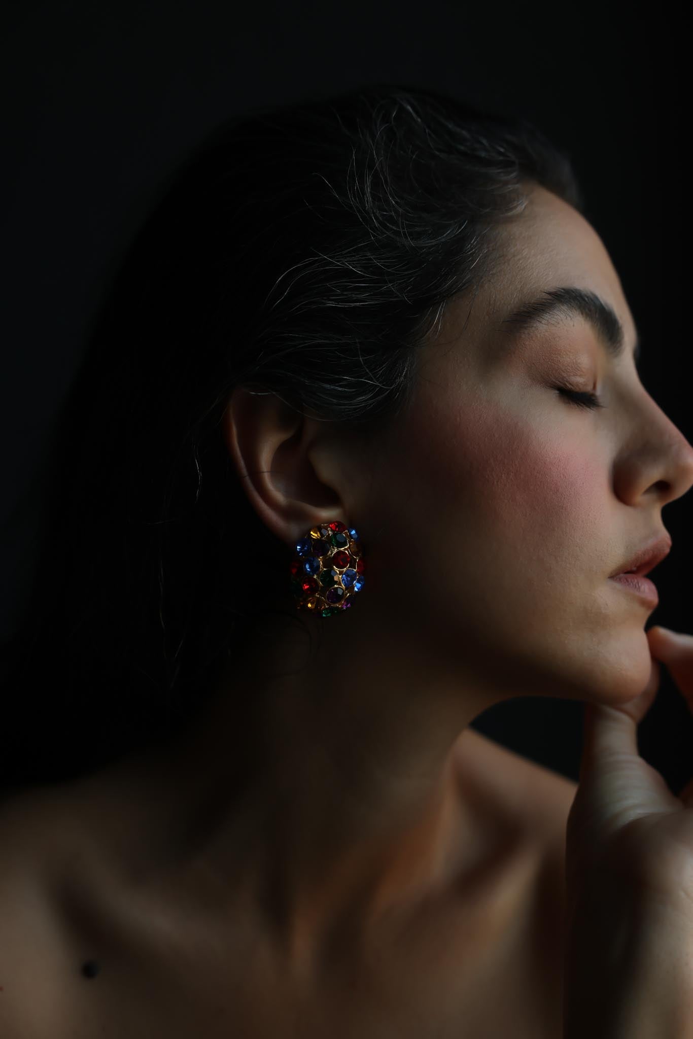 Multicolor Rhinestone Dome Clip-On Earrings