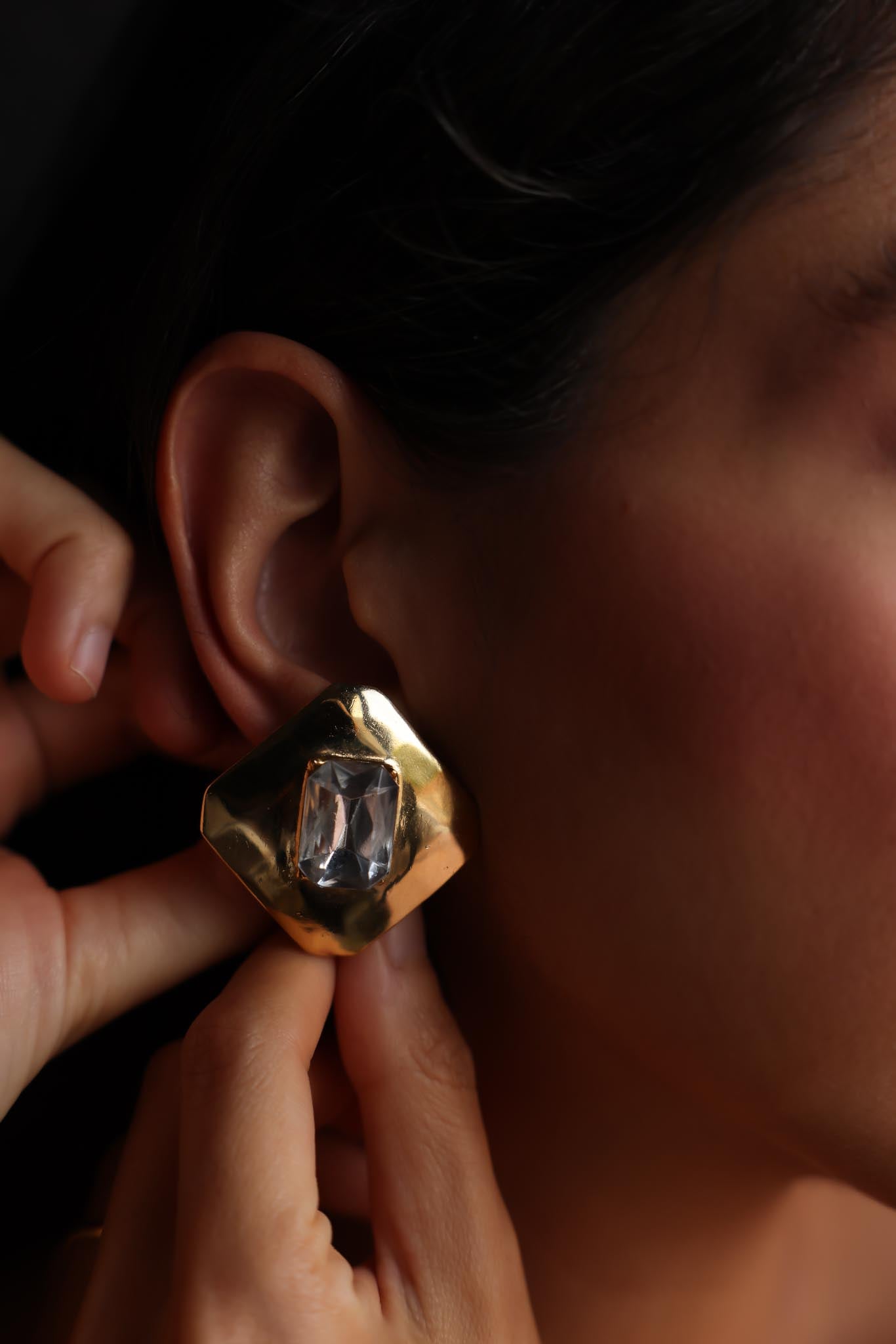 Geometric Gold & Crystal Clip-On Earrings – 1980s