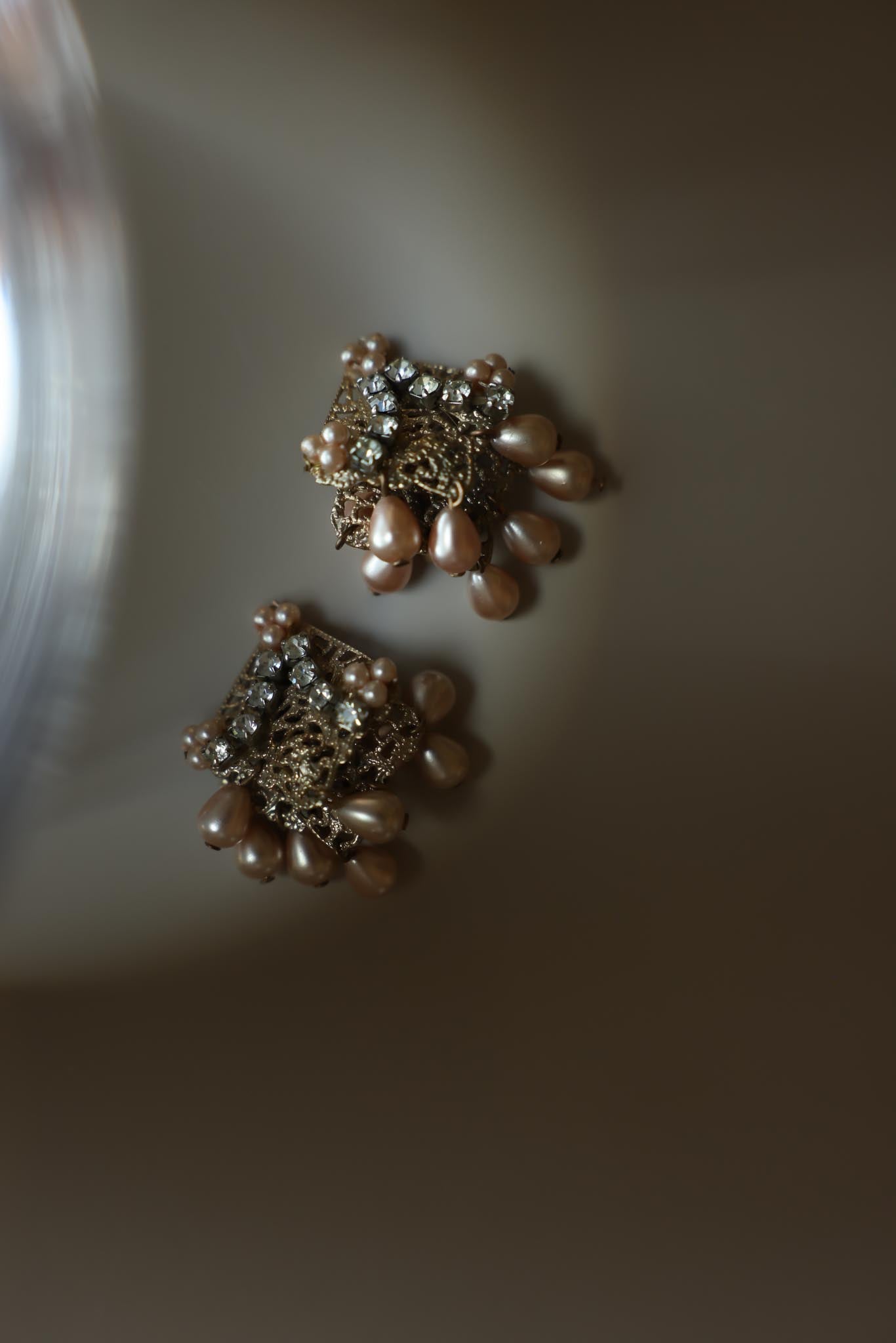 Vintage Gold Tone Faux Pearl and Rhinestone Clip-On Earrings