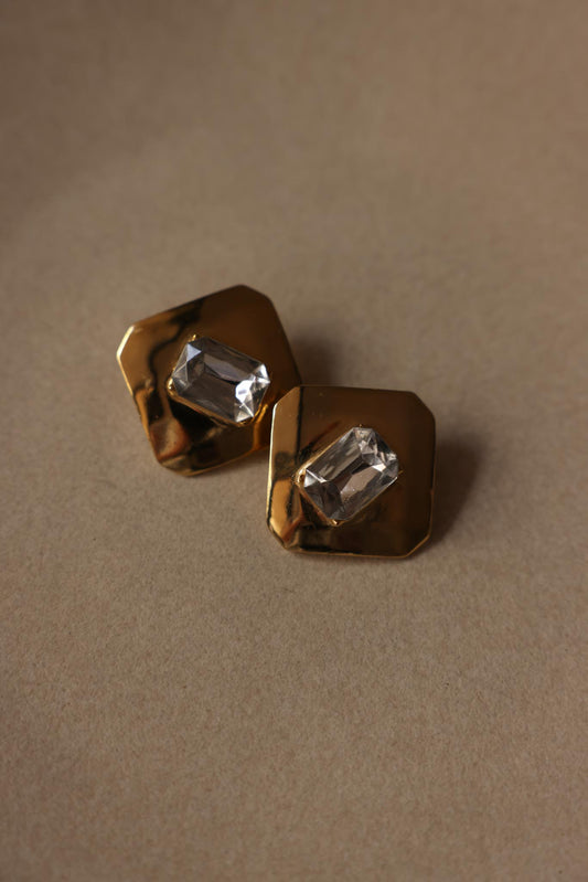 Geometric Gold & Crystal Clip-On Earrings – 1980s
