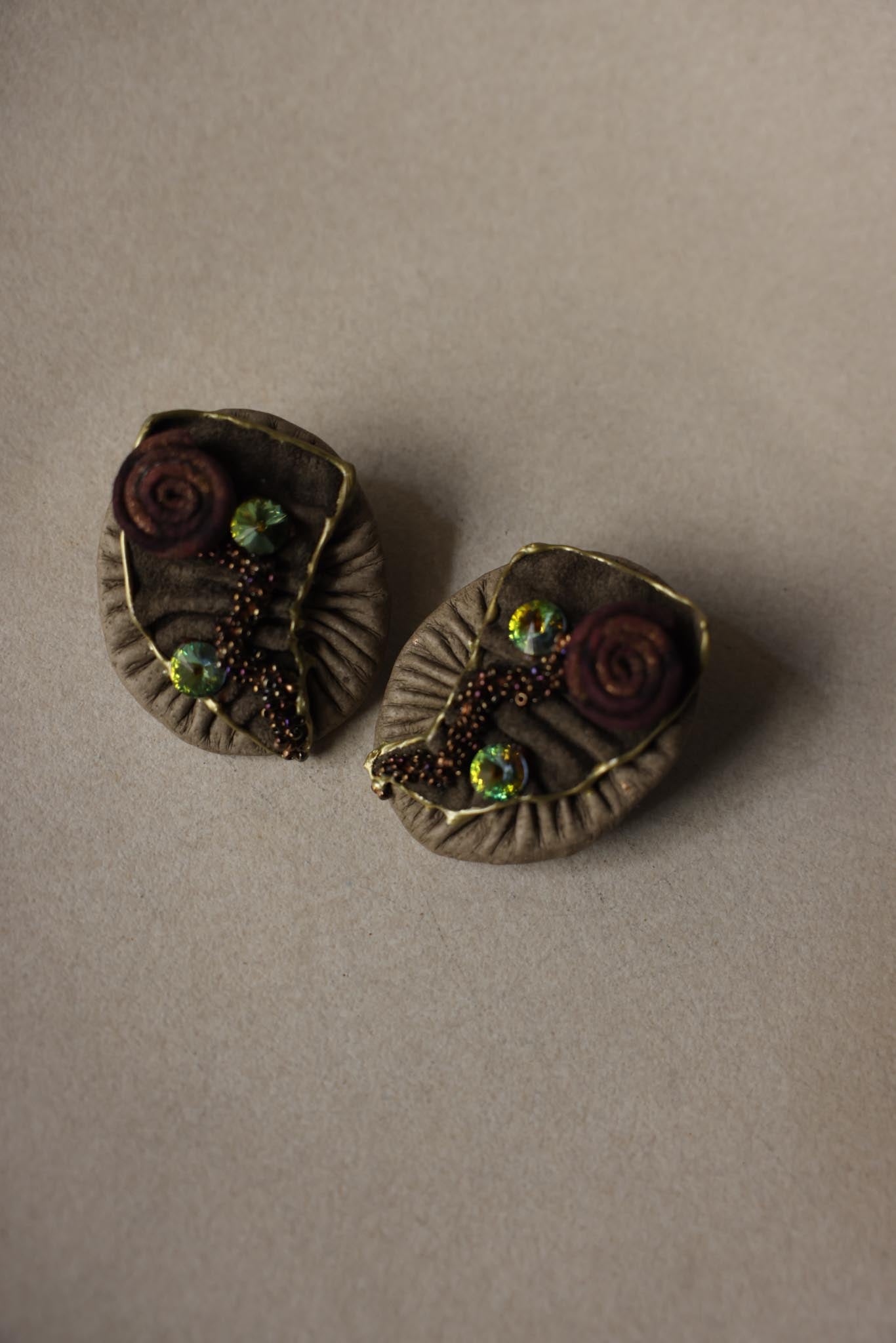 Leather & Suede Green Crystal Statement Clip-On Earrings|Vintage Baazaar 