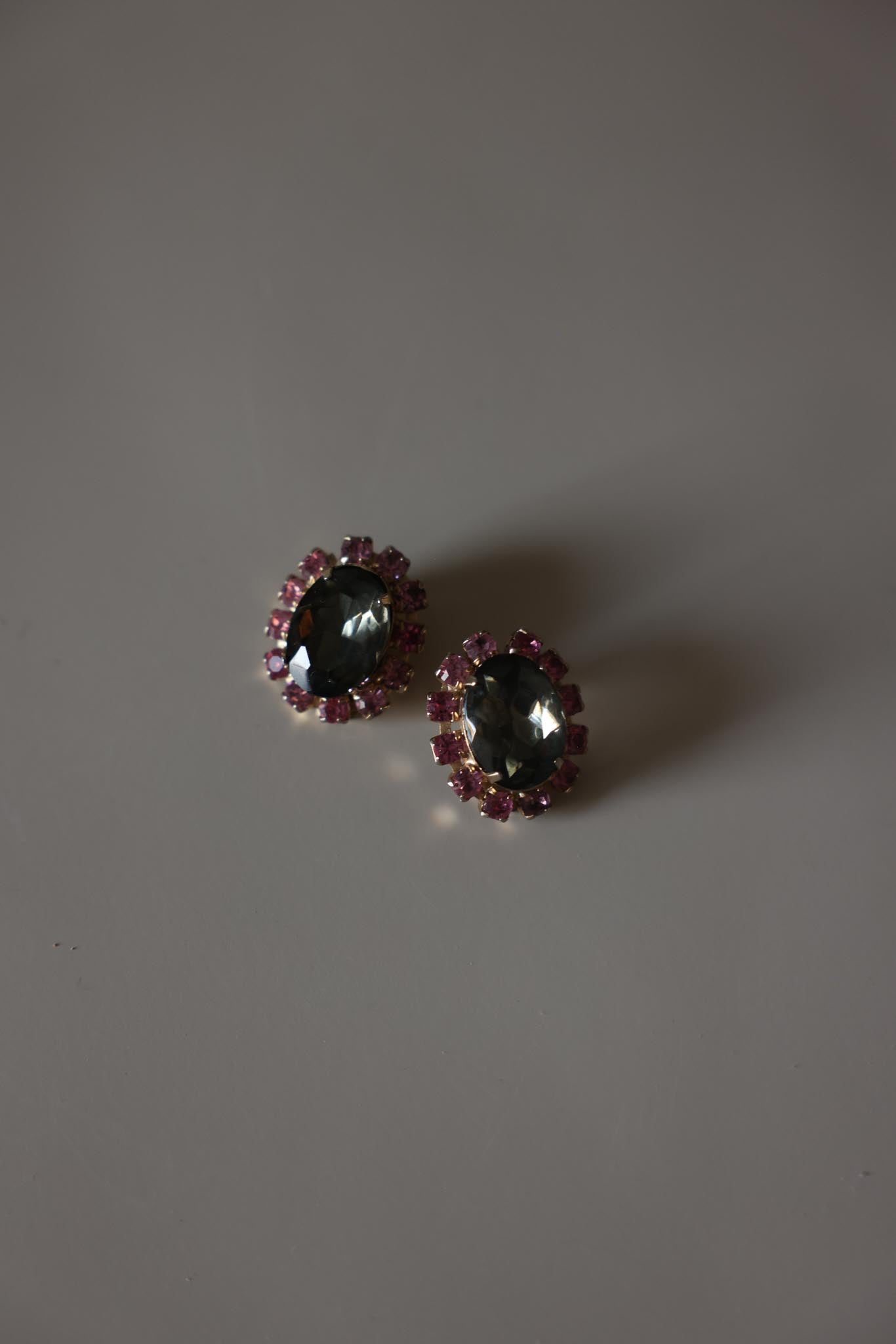 Green Glass and Pink Rhinestone Halo Clip-On Earrings