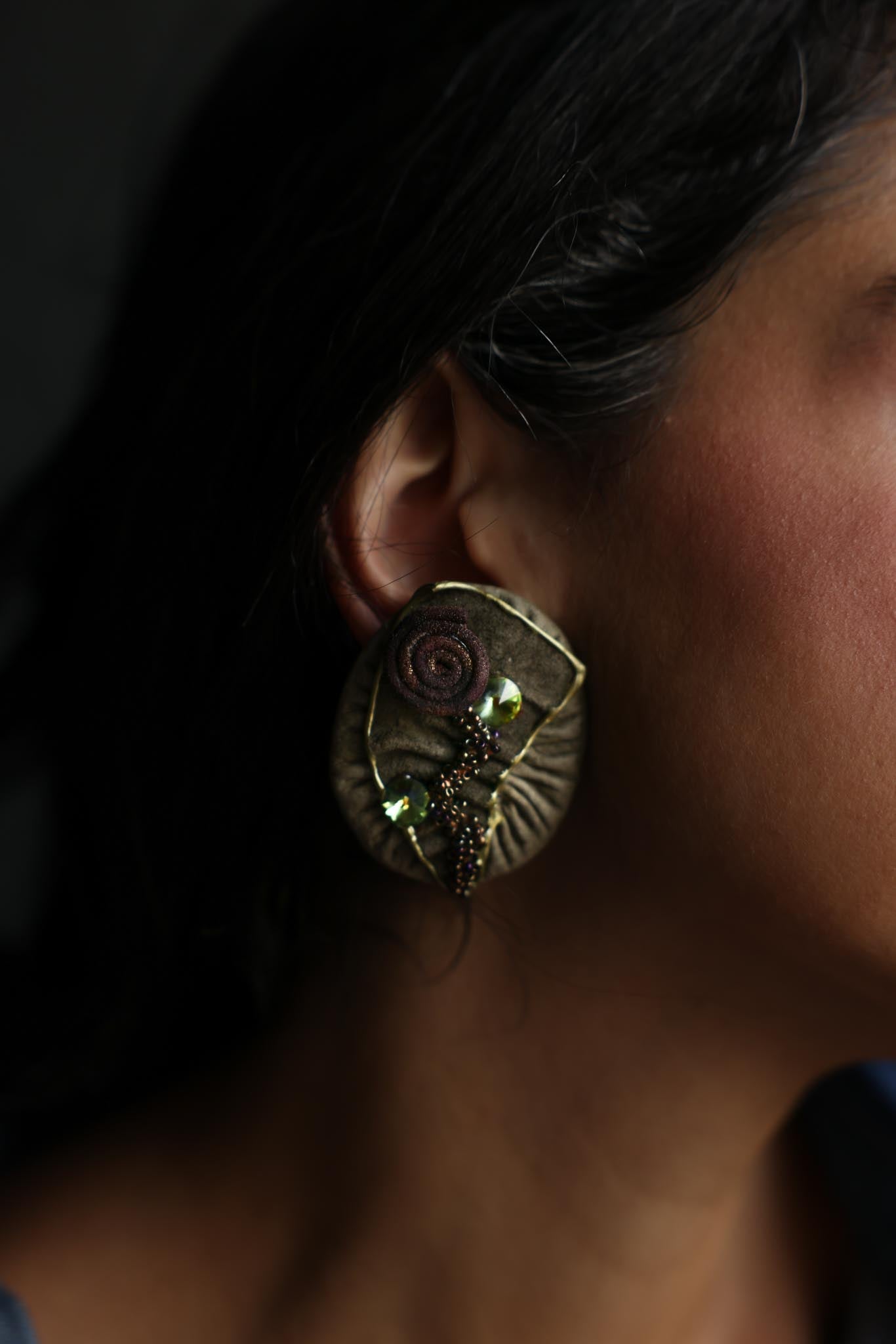 Leather & Suede Green Crystal Statement Clip-On Earrings|Vintage Baazaar 