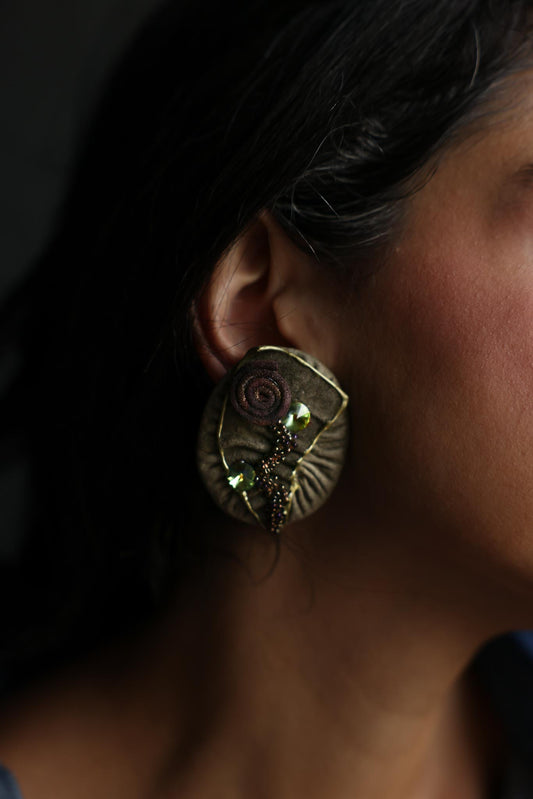 Leather & Suede Green Crystal Statement Clip-On Earrings|Vintage Baazaar 