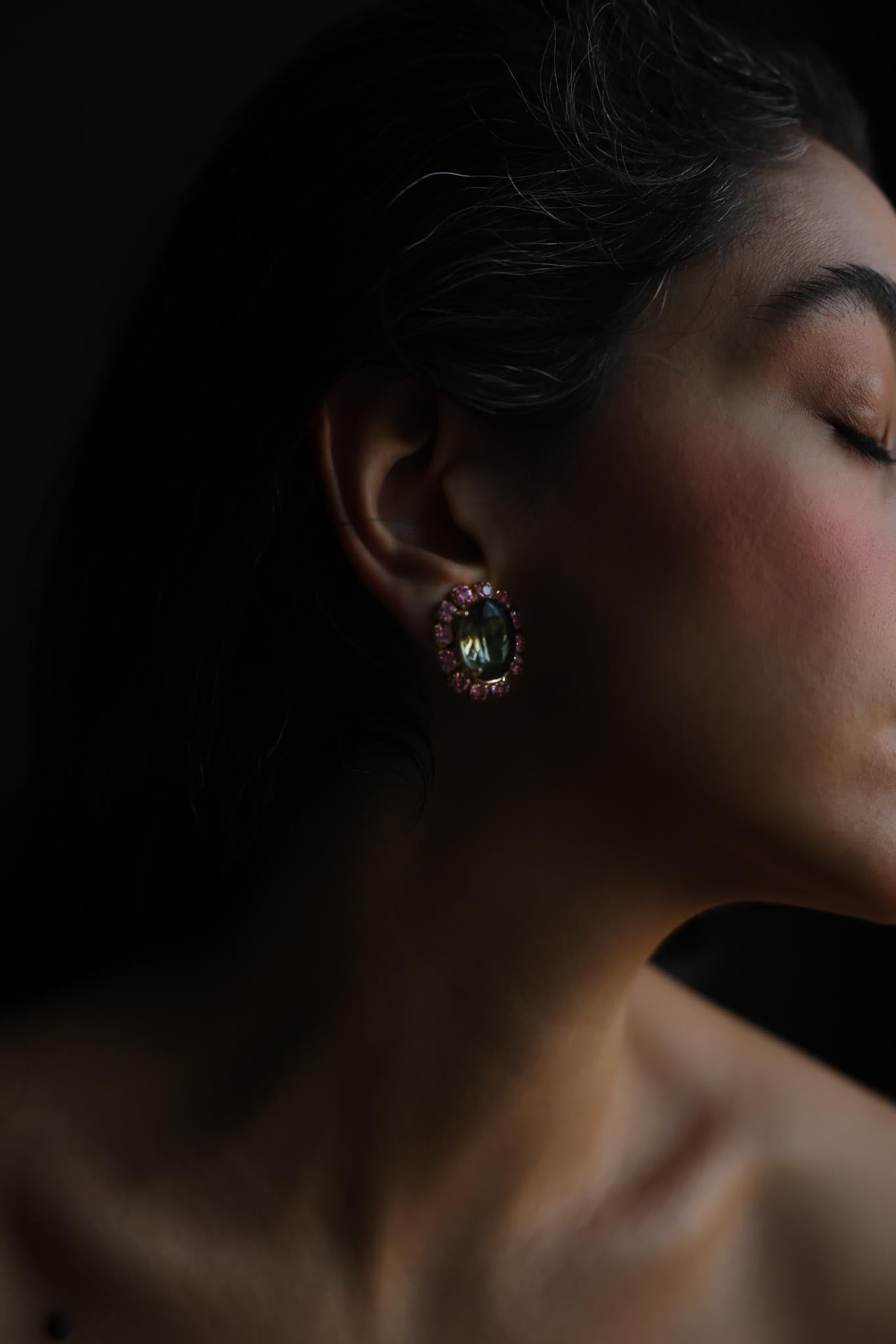 Green Glass and Pink Rhinestone Halo Clip-On Earrings