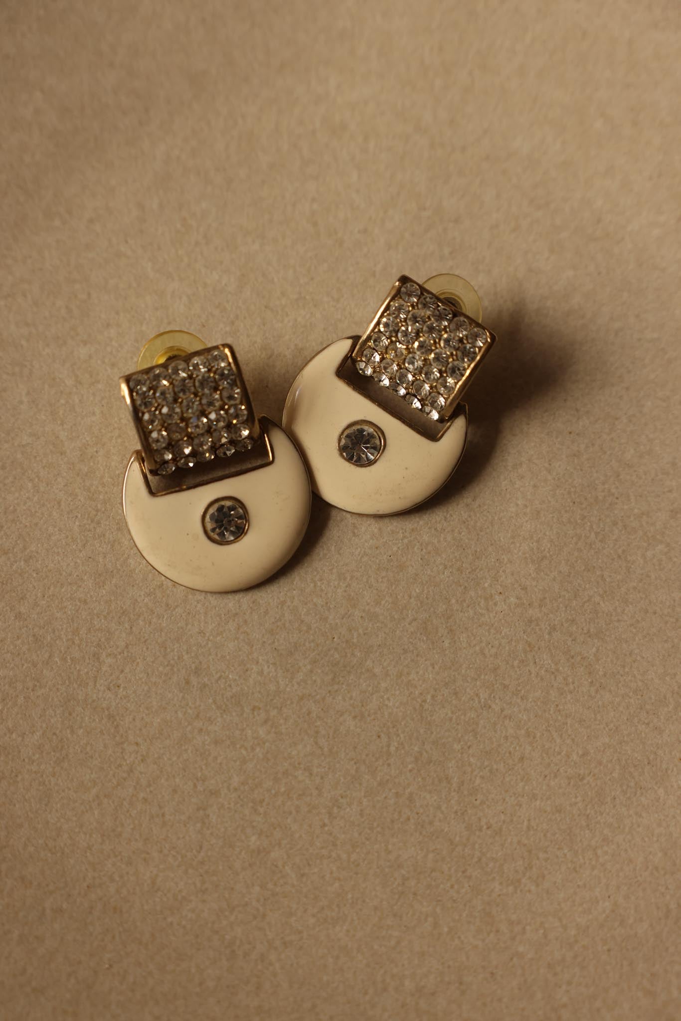 White Enamel and Rhinestone Pierced Earrings&nbsp;|Vintage Baazaar 