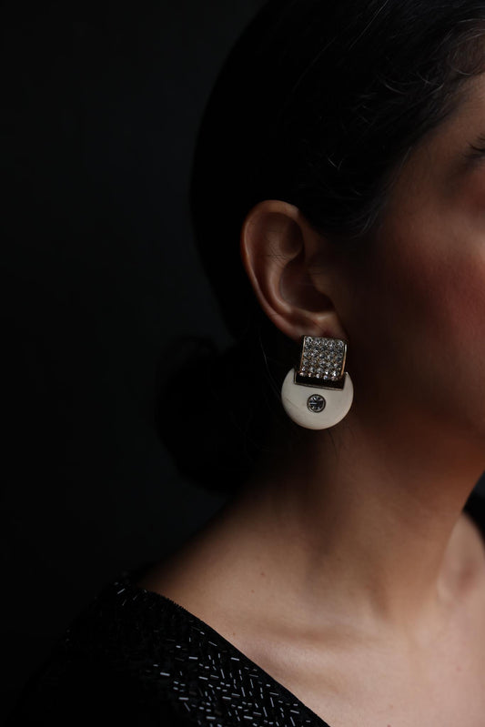 White Enamel and Rhinestone Pierced Earrings&nbsp;|Vintage Baazaar 