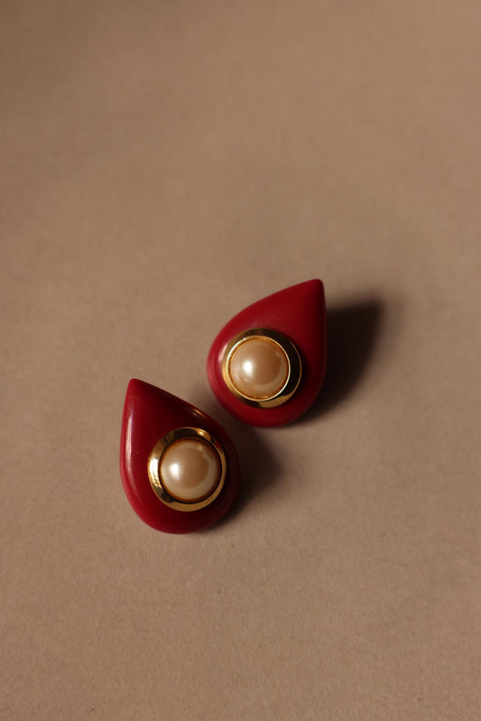 Red Teardrop Pearl Pierced Earrings