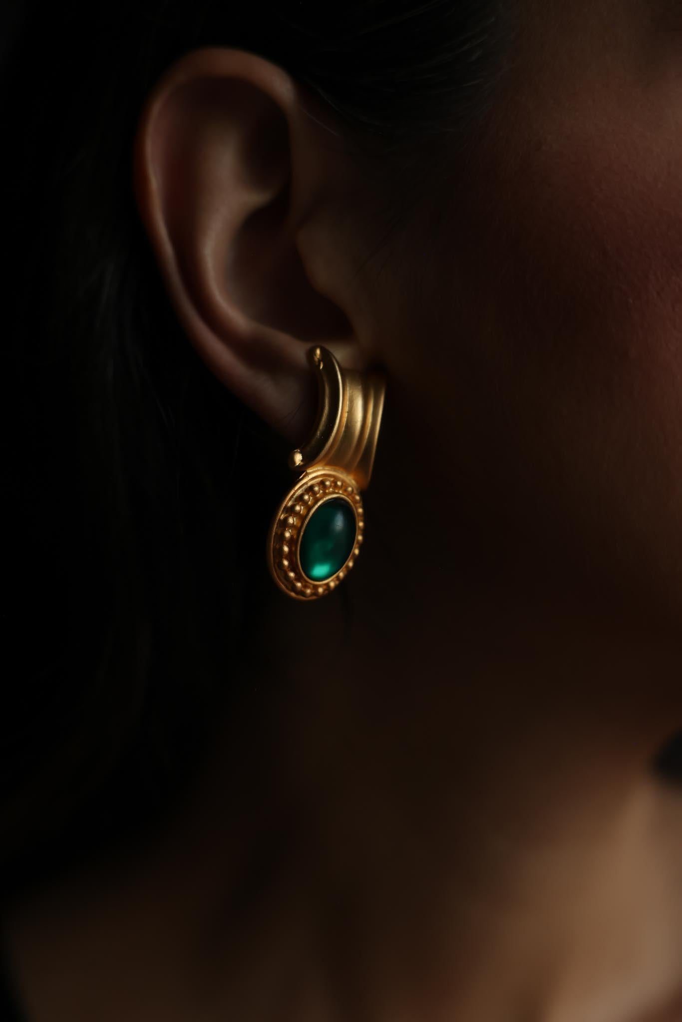 Matte Gold Green Cabochon Clip-On Earrings