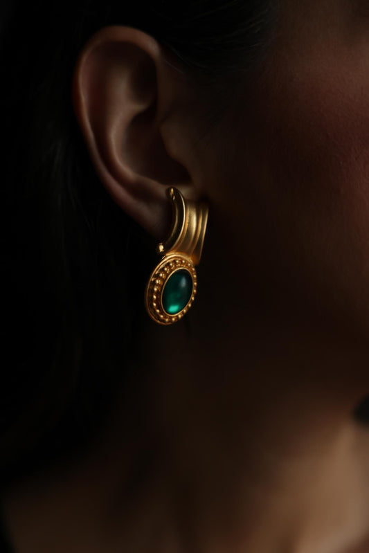 Matte Gold Green Cabochon Clip-On Earrings