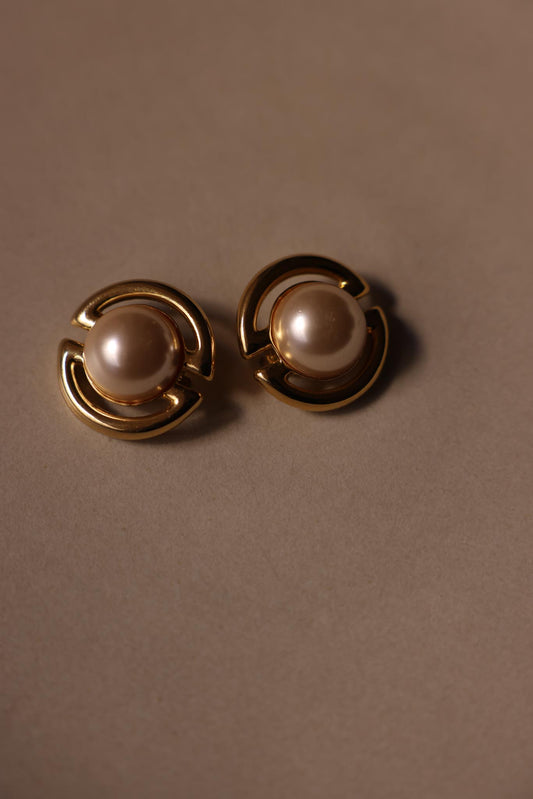 Gold Tone Pearl Circle Clip-On Earrings