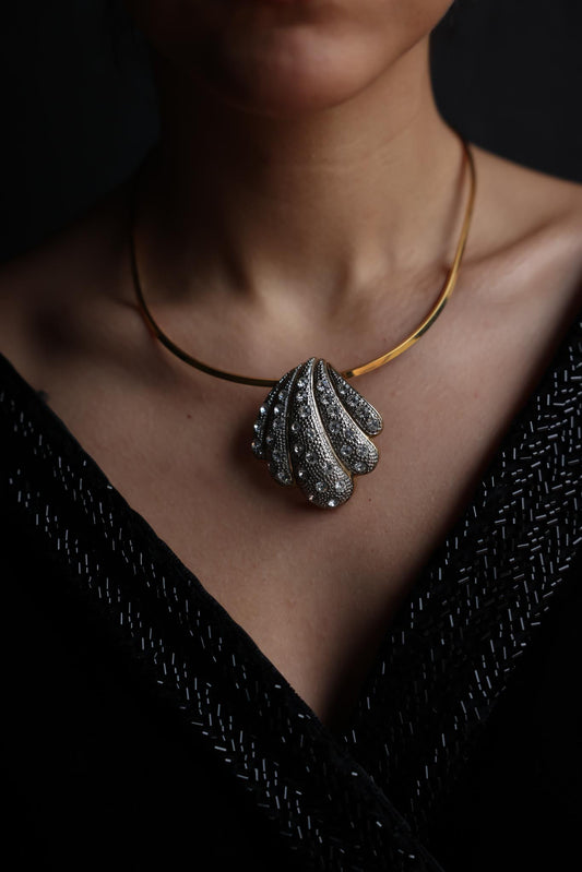 Gold-Tone Shell Pendant Necklace with Rhinestones