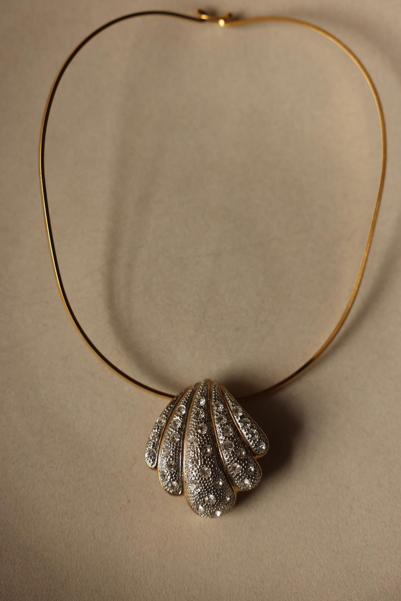 Gold-Tone Shell Pendant Necklace with Rhinestones