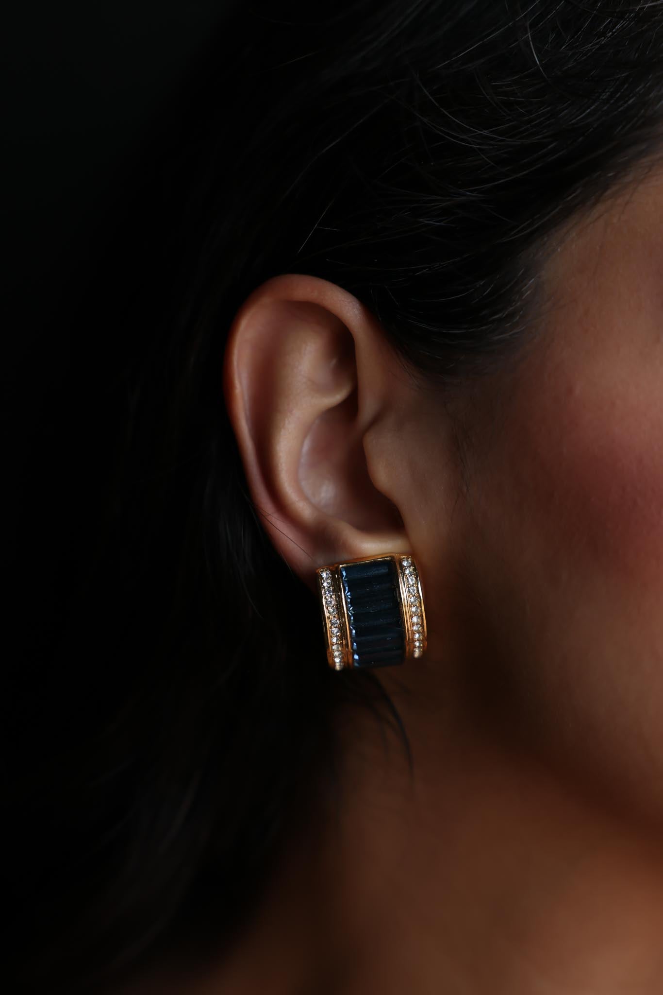 Gold-Tone Blue and Rhinestone Clip-On Earrings – 1980s