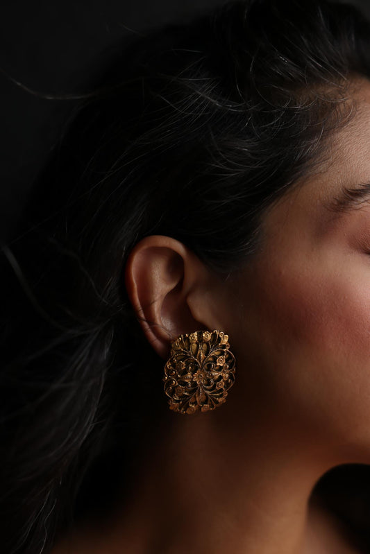 Gold-Tone Floral Embossed Clip-On Earrings Signed M.E. – 1980s