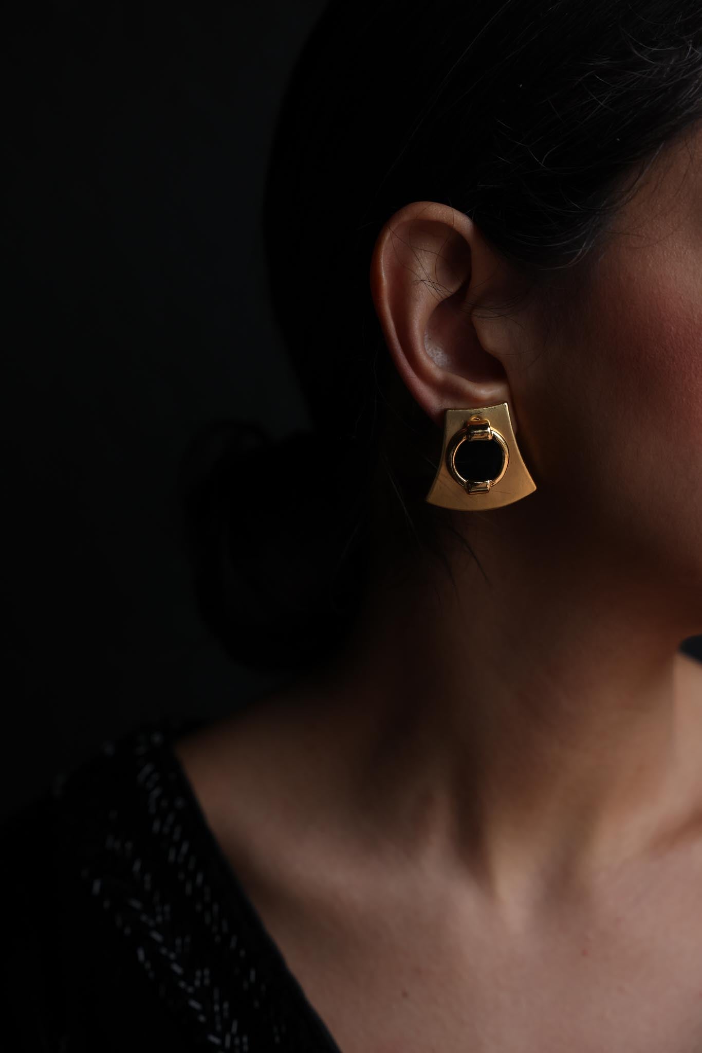 Matte Gold Clip-On Earrings with Black Accents, 1980s|Vintage Baazaar 