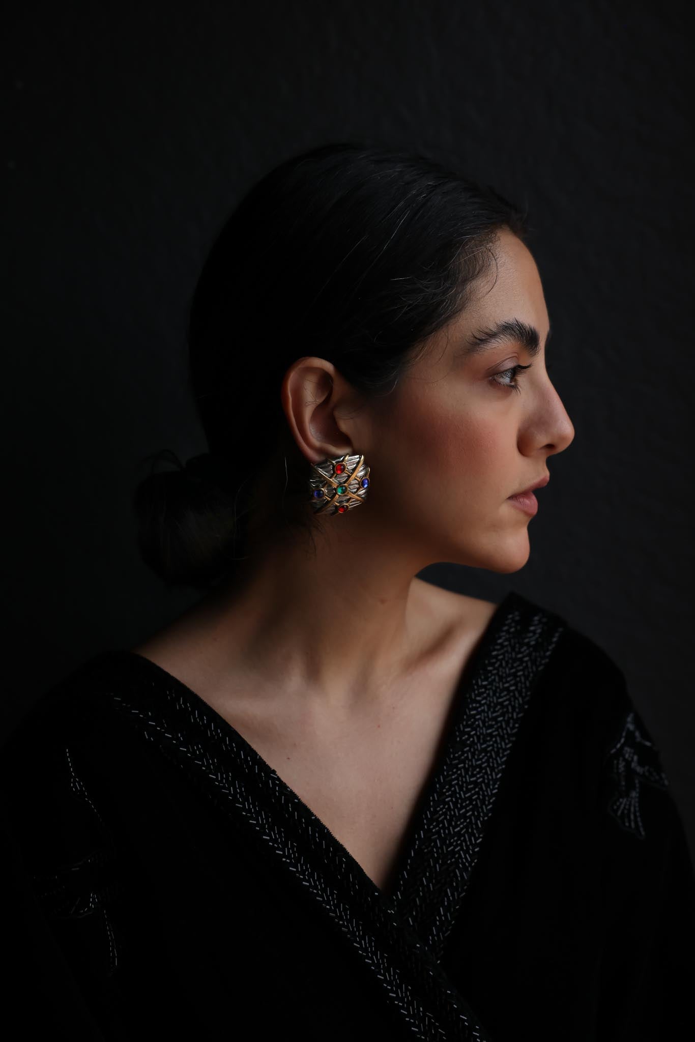 Two-Tone Clip-On Earrings with Multicolor Accents|Vintage Baazaar 