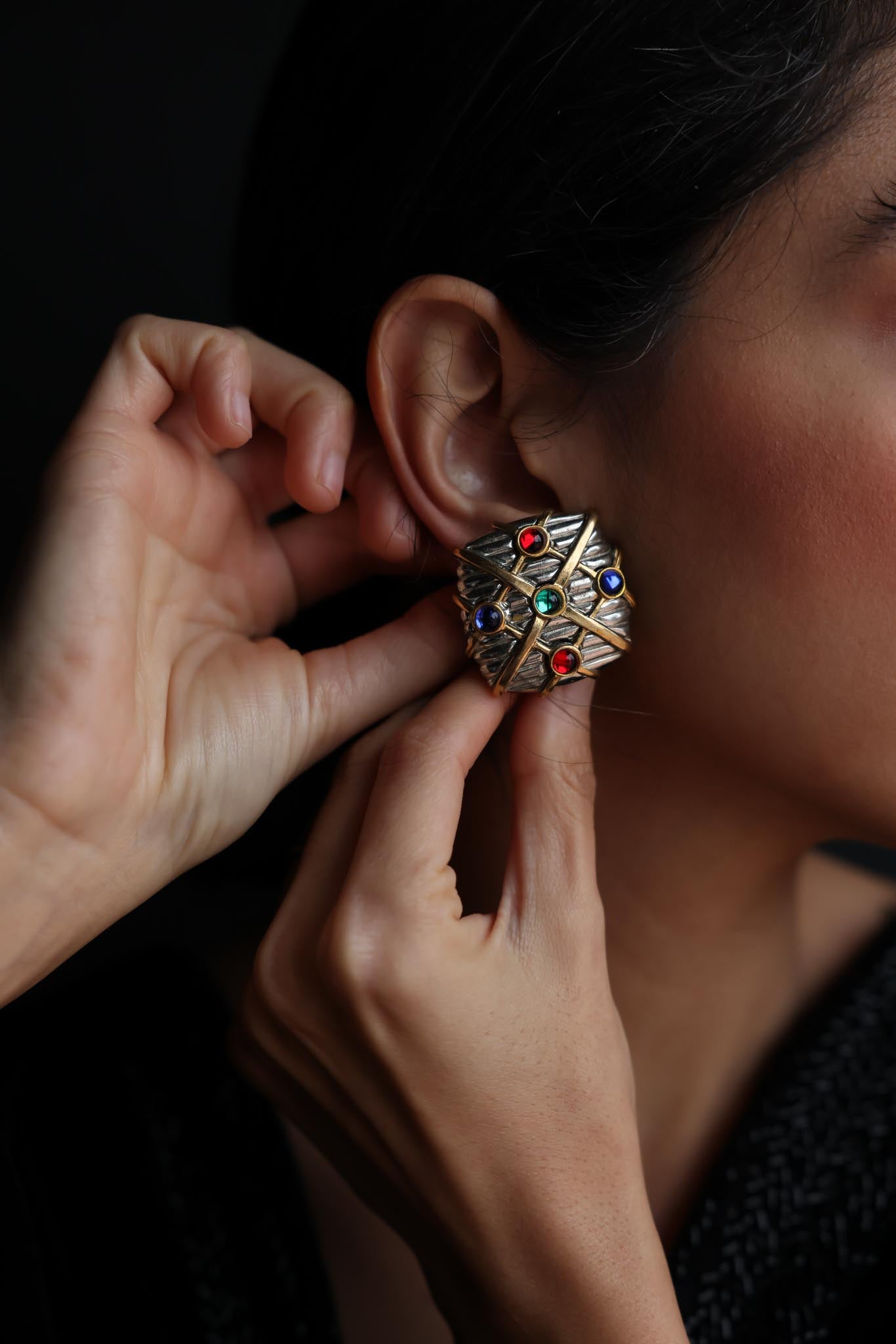 Two-Tone Clip-On Earrings with Multicolor Accents|Vintage Baazaar 