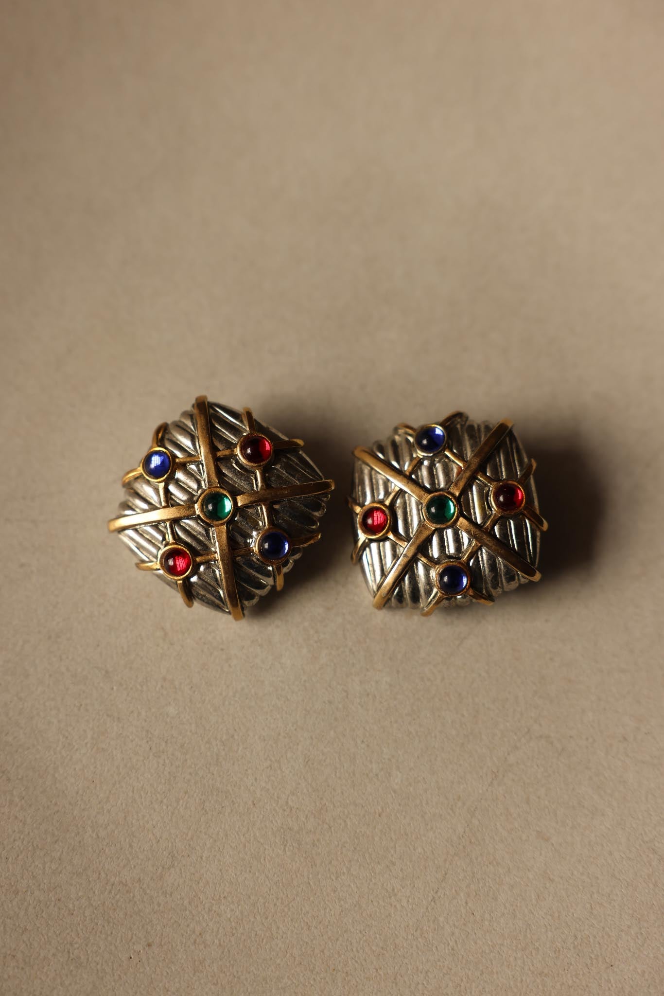 Two-Tone Clip-On Earrings with Multicolor Accents|Vintage Baazaar 