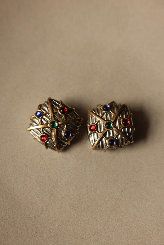 Two-Tone Clip-On Earrings with Multicolor Accents|Vintage Baazaar 