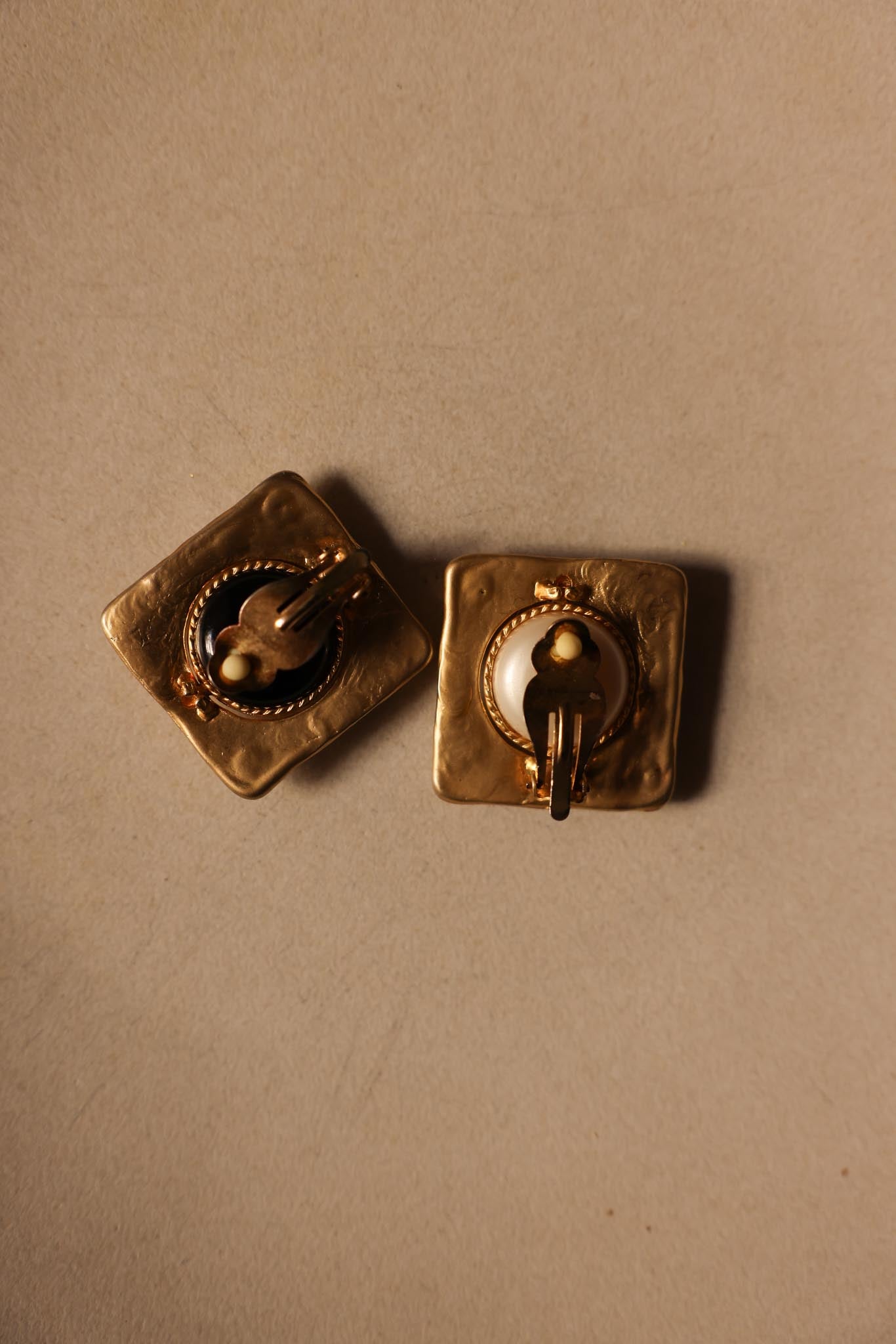 Convertible Square Clip-On Earrings with Faux Pearl, Black Accents, and Rhinestones