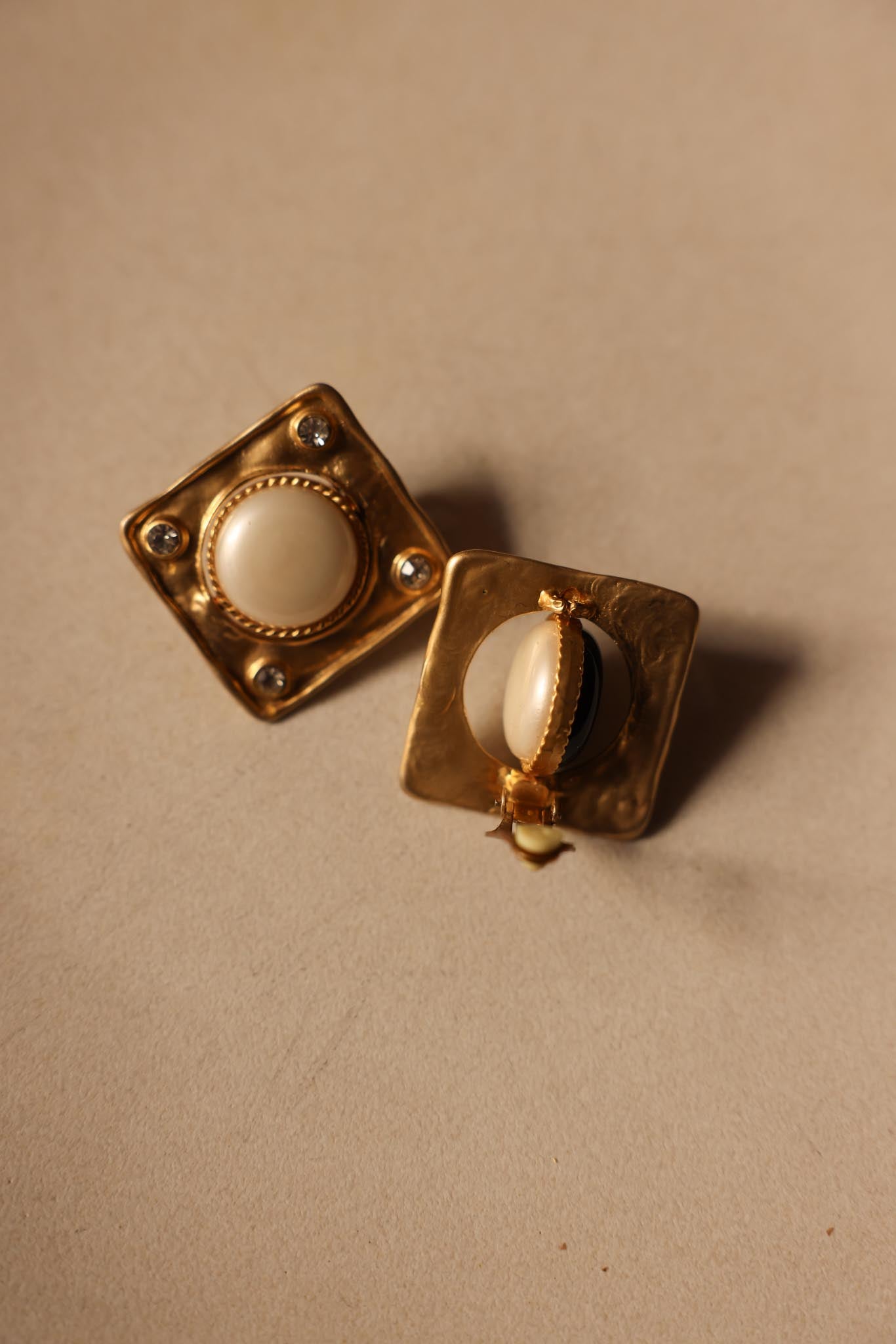 Convertible Square Clip-On Earrings with Faux Pearl, Black Accents, and Rhinestones