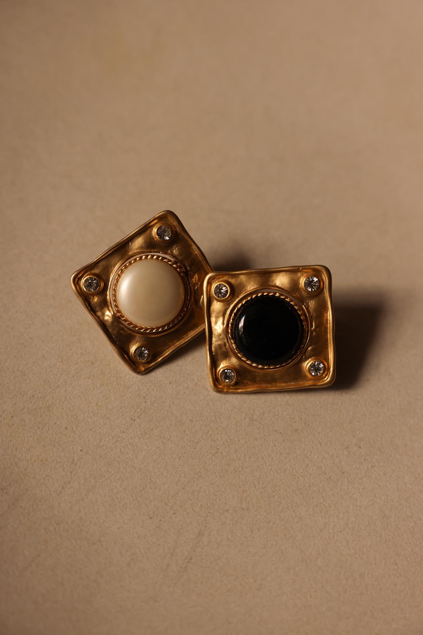 Convertible Square Clip-On Earrings with Faux Pearl, Black Accents, and Rhinestones