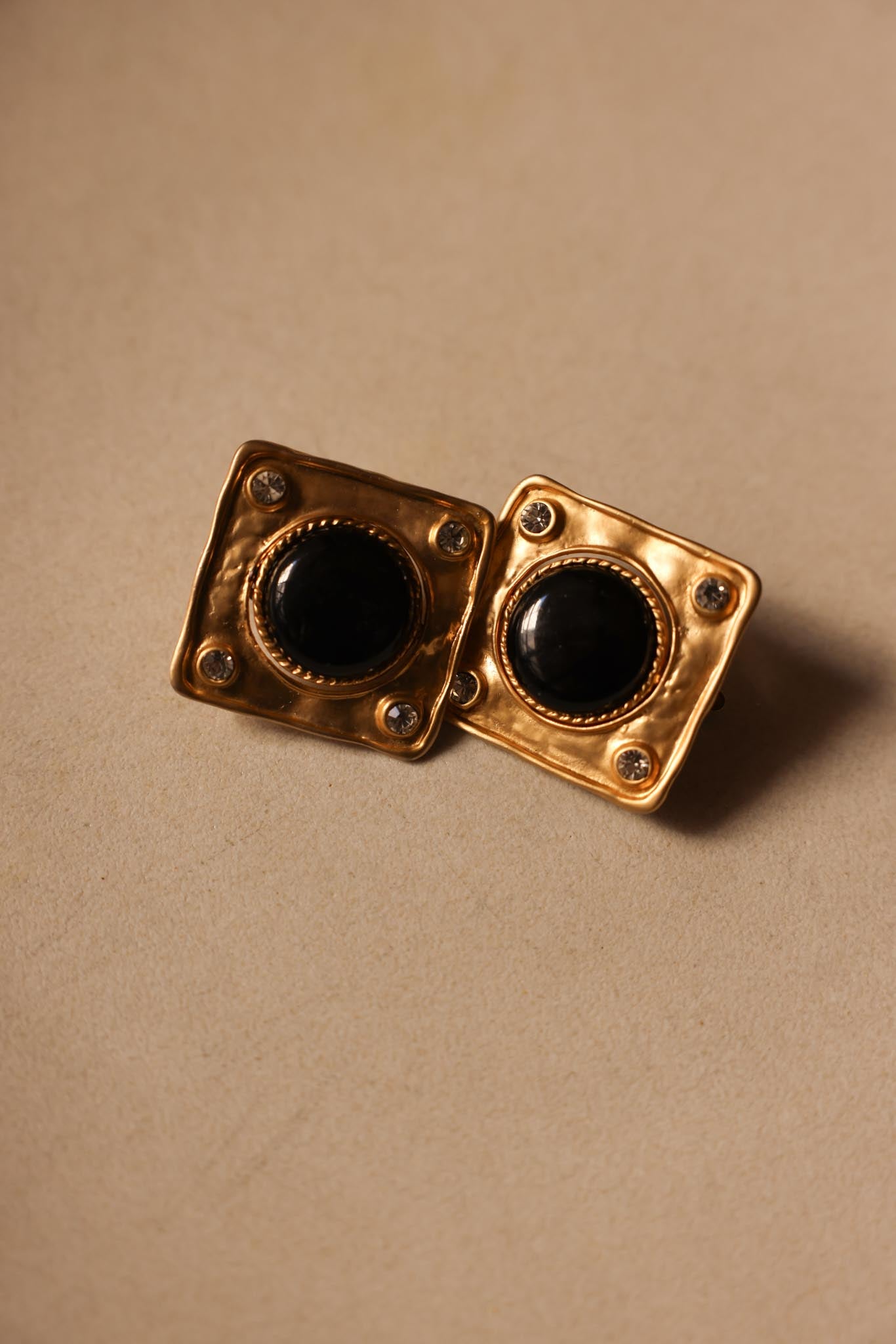 Convertible Square Clip-On Earrings with Faux Pearl, Black Accents, and Rhinestones