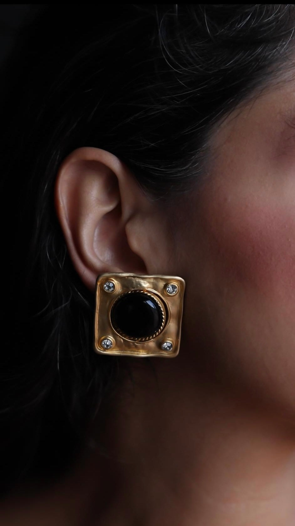 Convertible Square Clip-On Earrings with Faux Pearl, Black Accents, and Rhinestones