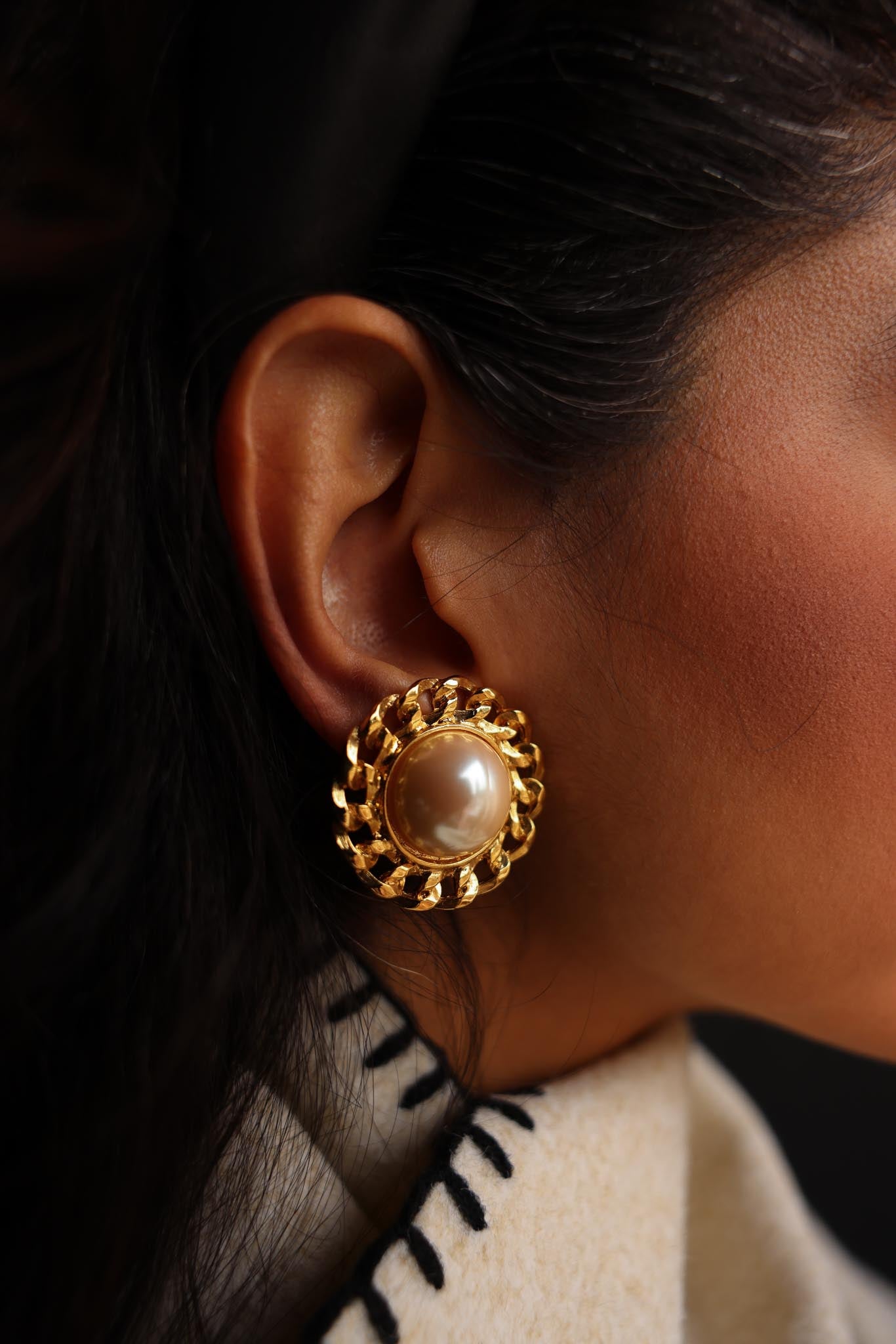 Golden Pearl Halo Earrings|Vintage Baazaar 