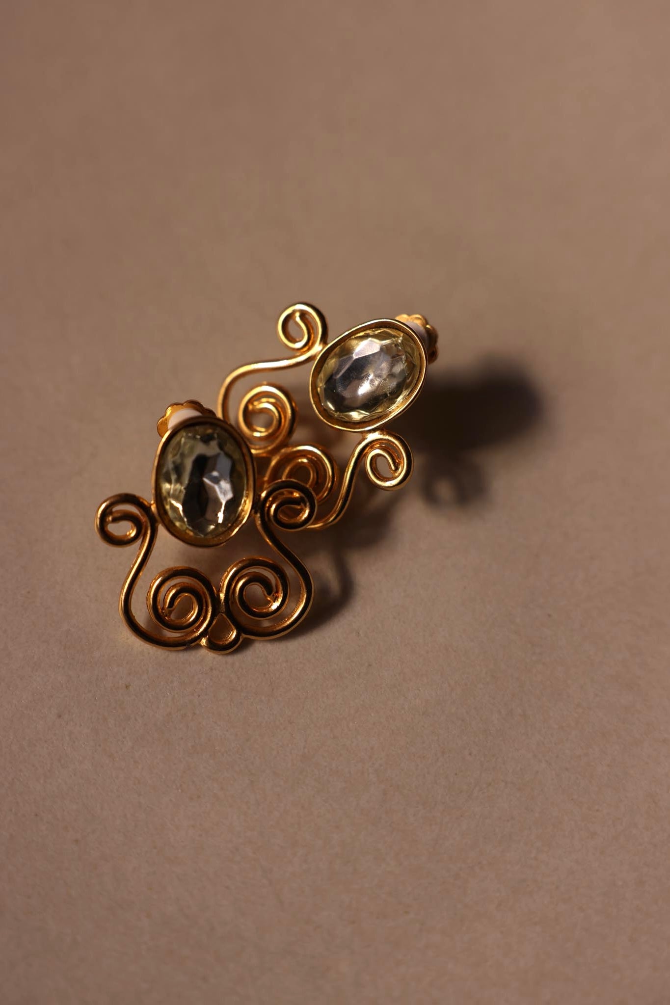 Gold-Tone Scroll Clip-On Earrings with Clear Light Green Cabochons