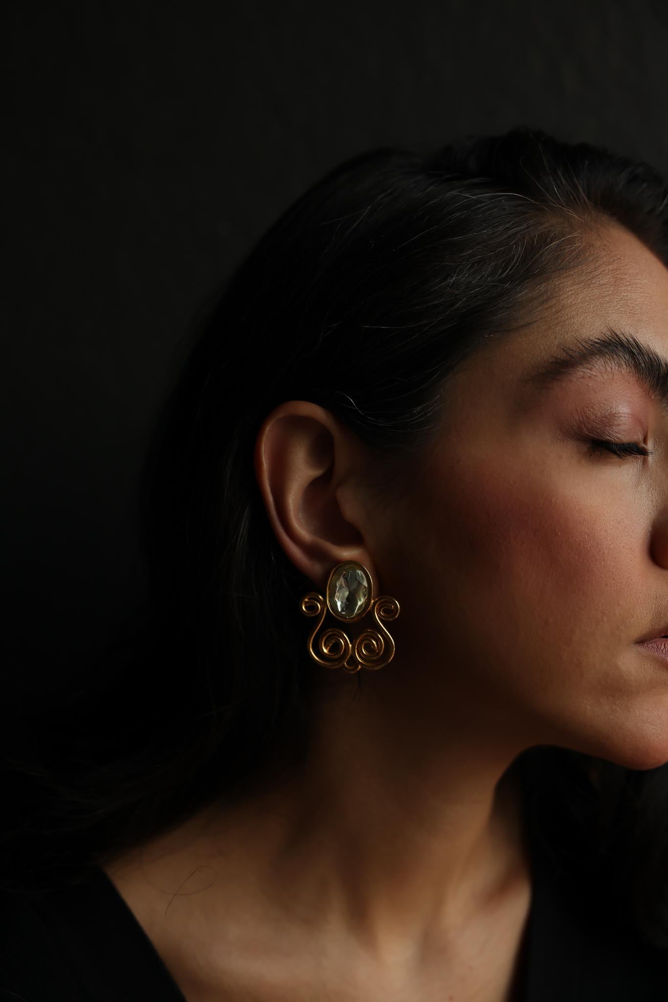 Gold-Tone Scroll Clip-On Earrings with Clear Light Green Cabochons