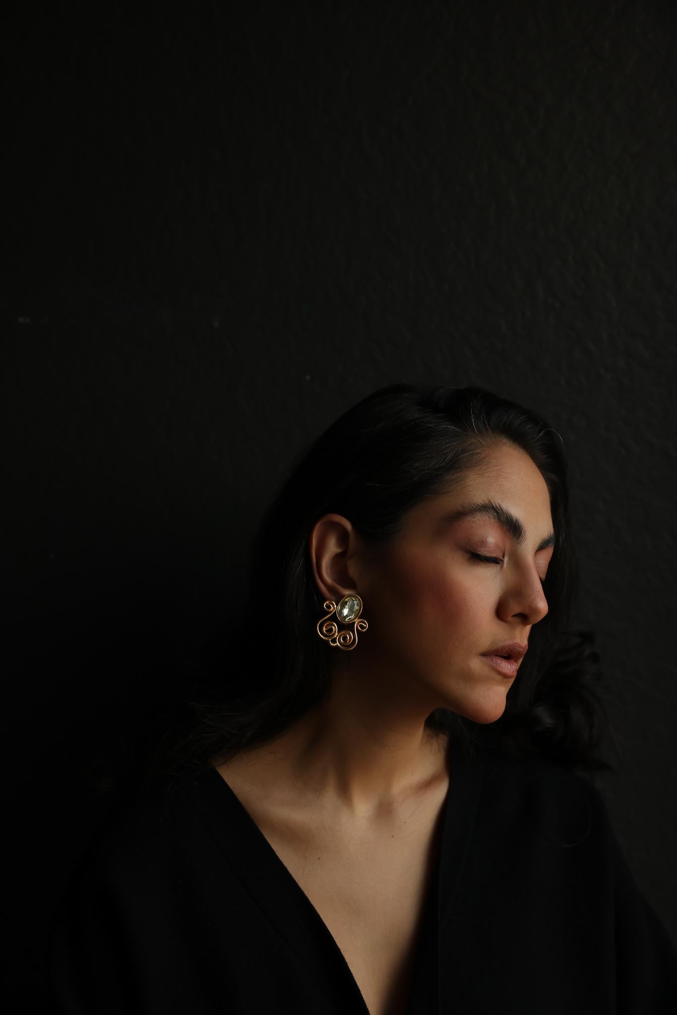 Gold-Tone Scroll Clip-On Earrings with Clear Light Green Cabochons