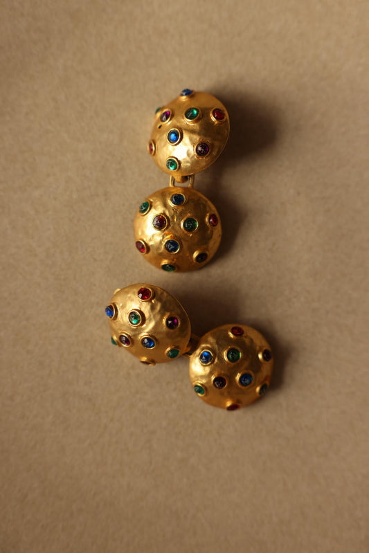 Brushed Gold Clip-On Earrings with Multicolor Cabochons|Vintage Baazaar 